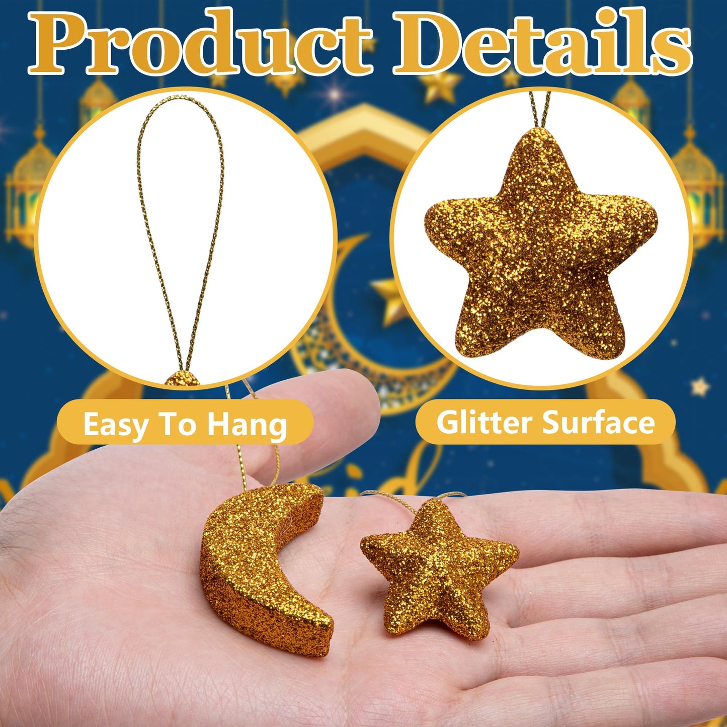Deloky 40 Pcs Glitter Eid Mubarak Ornaments, Gold Moon Star Hanging Ramadan Tree Ornaments, Shining Ramadan Kareem Moon Star Pendant Decorations for Islamic Muslim Festival Party Home Decor