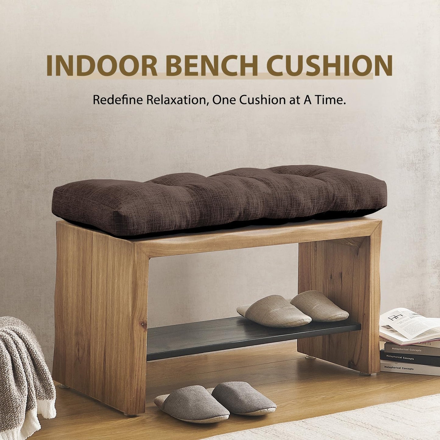 downluxe Indoor Bench Cushion for Indoor Furniture, Non-Slip Tufted Overstuffed Textured Foam Bench Seat Cushion, 36" X 14" X 4", Brown, 1 Pack