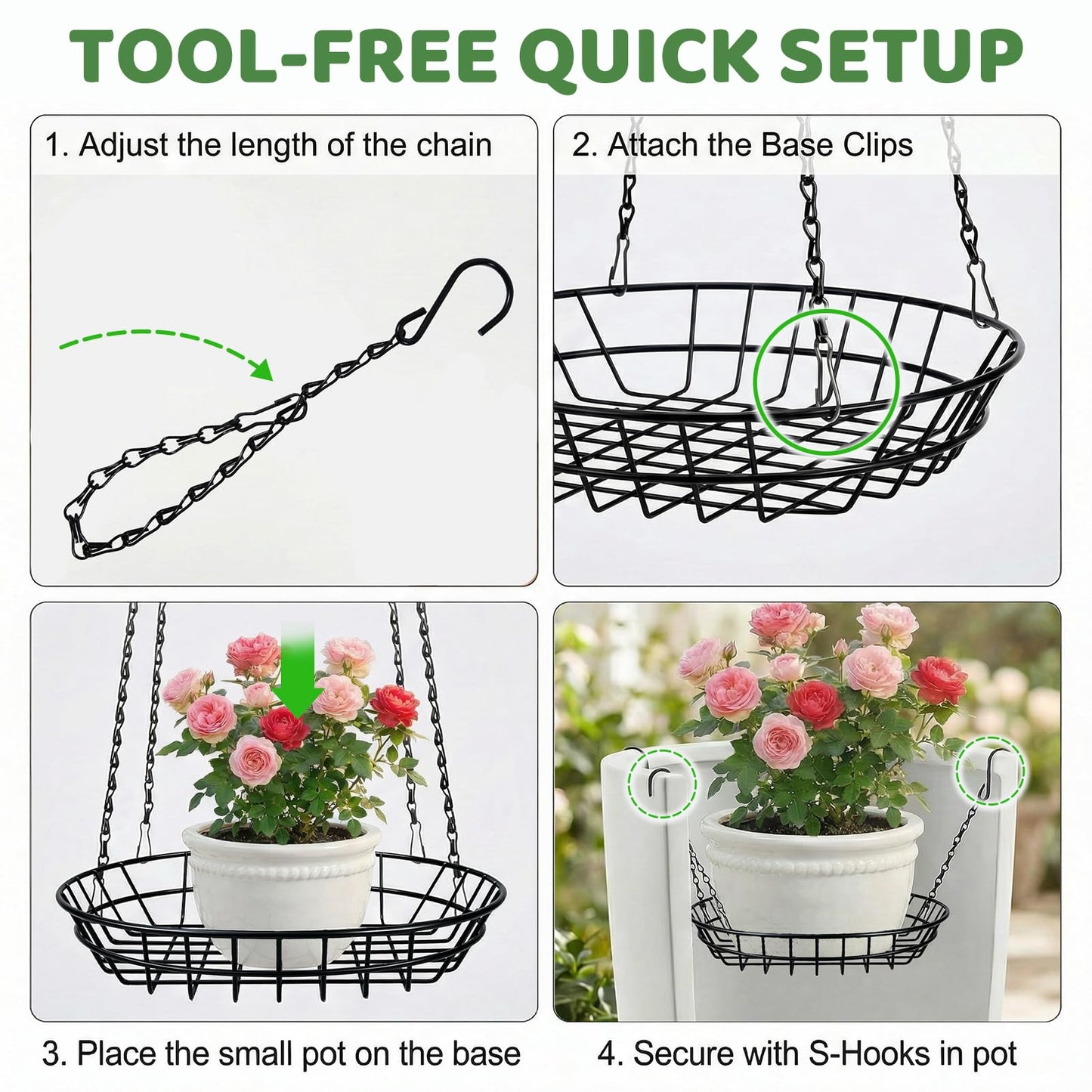 REDPOPO 2 Pack Adjustable Planter Insert for Large Pots 12-18 Inch, Stainless Steel Plant Riser with 4 S Hooks & Chains, Pot Filler for Tall Planters to Reduce Soil, Indoor Outdoor Rust Proof Plant Pot Riser for Round Square Planters