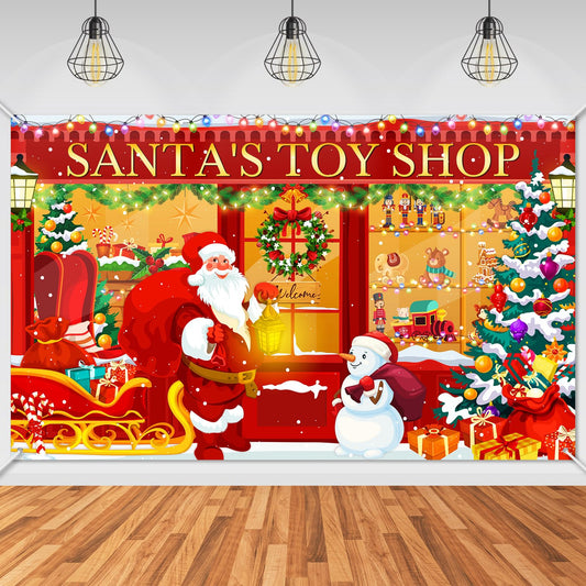 Avezano Christmas Backdrop Banner Red Santa's Toy Shop Store Backdrop for Photography Christmas Store Background Santa's Toy Shop Decoration for Xmas Party Holiday Party Supplies (6x3.6ft)