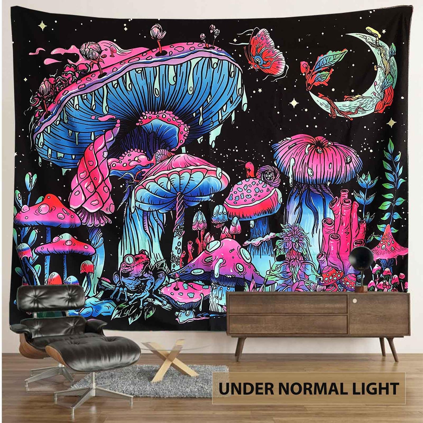 TUGCAY Blacklight Mushroom Tapestry, Glow In The Dark Tapestry Black Light Plant Fantasy UV Reactive Mushroom Butterfly Moon Tapestries Posters Wall Hanging for Bedroom Dorm Decor(50"x60")