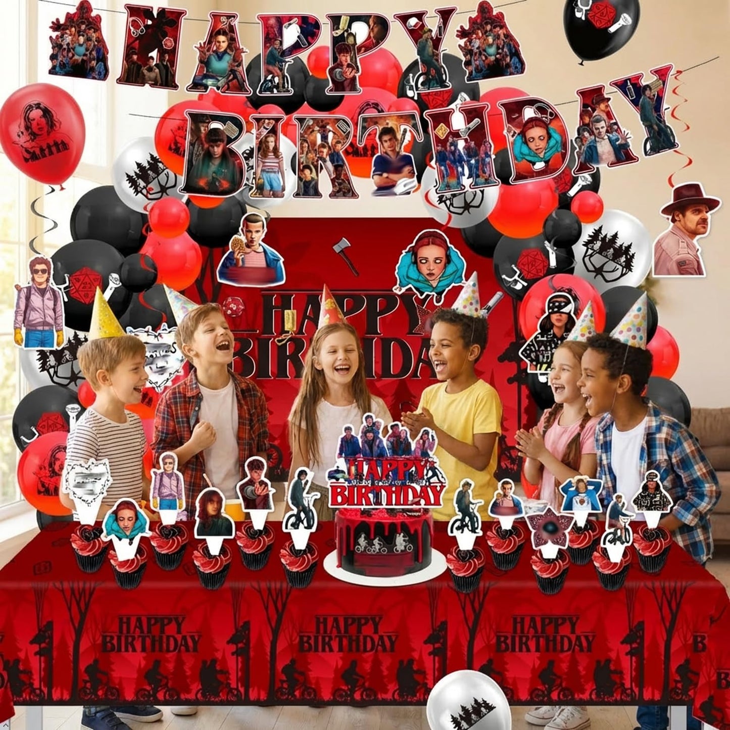 82Pcs Stranger Party Decorations Set - Thriller Theme Birthday Supplies with Thickened Backdrop, Tablecloth, Balloon Arch Kit, Cake Toppers for Kids Adults Upside Down Fans