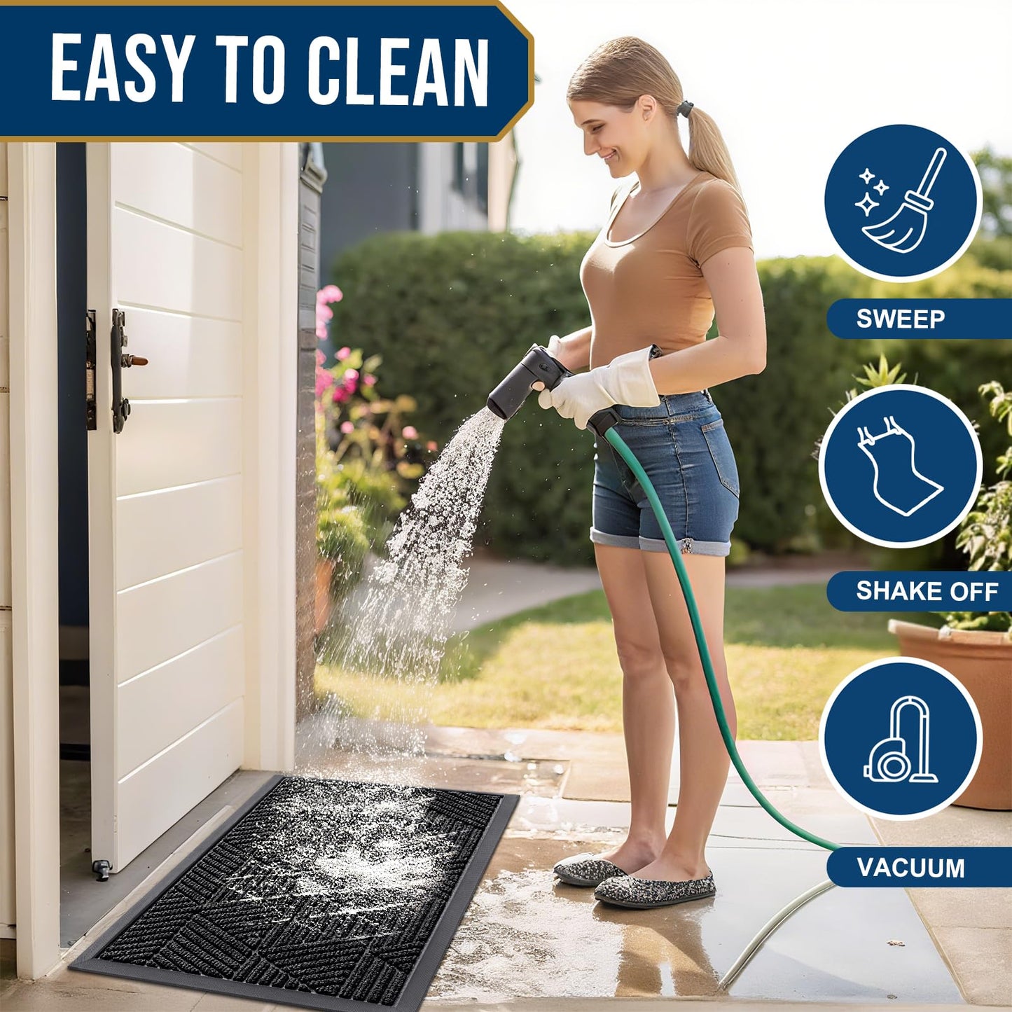 Smiry Front Door Mat Outside Entrance, Heavy Duty Sturdy Natural Rubber Doormat, Trap Dirt and Moisture, Easy Clean Low Profile Mats for Indoor Outdoor Entry, Irregular Triangle (29.5x17, Black)