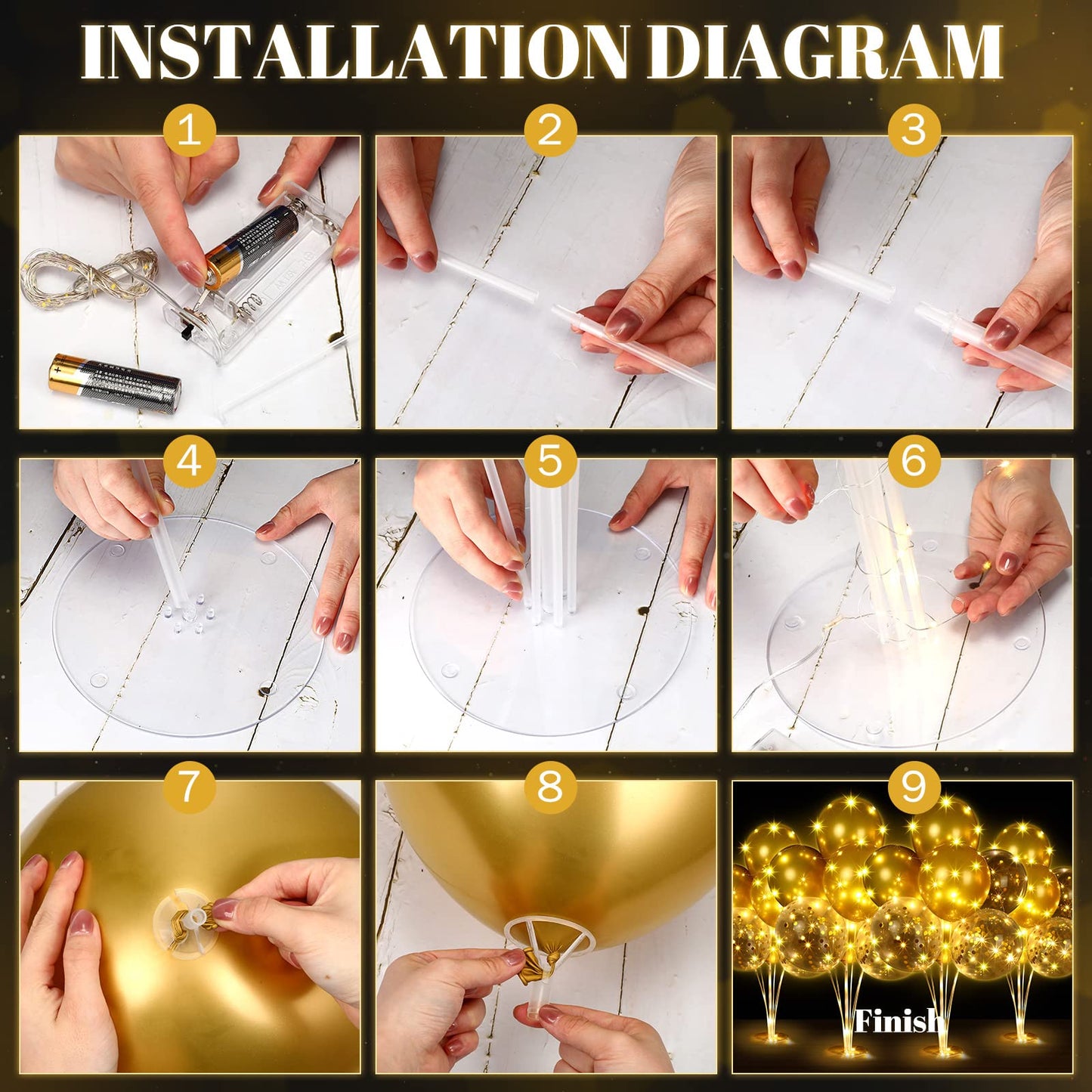 4 Set Table Balloon Stand Kit with Lights Balloons Holders Centerpieces for Table Light up Tabletop Centerpieces for Wedding Birthday Bridal Shower Baby Shower Graduation(Gold)