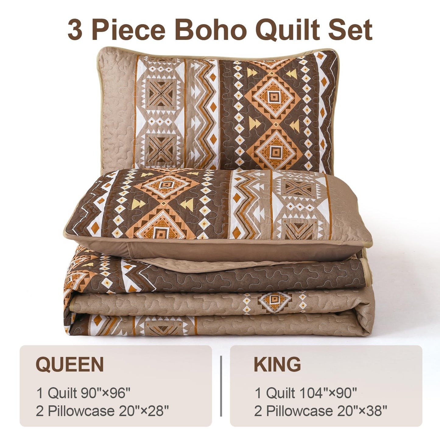 WONGS BEDDING Boho Quilt Set Queen Size,3 Pieces Brown Geometry Printed Bedspread Coverlet Set,Lightweight Microfiber Bedding Set with 2 Pillowcases,96"×90"