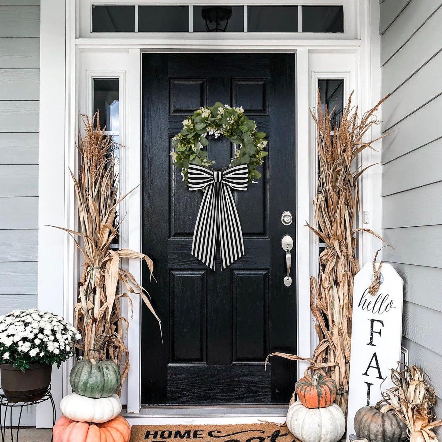 2 Pack Boxwood Wreath Sash Garland for Front Door Porch Decor (Black and White Stripe)