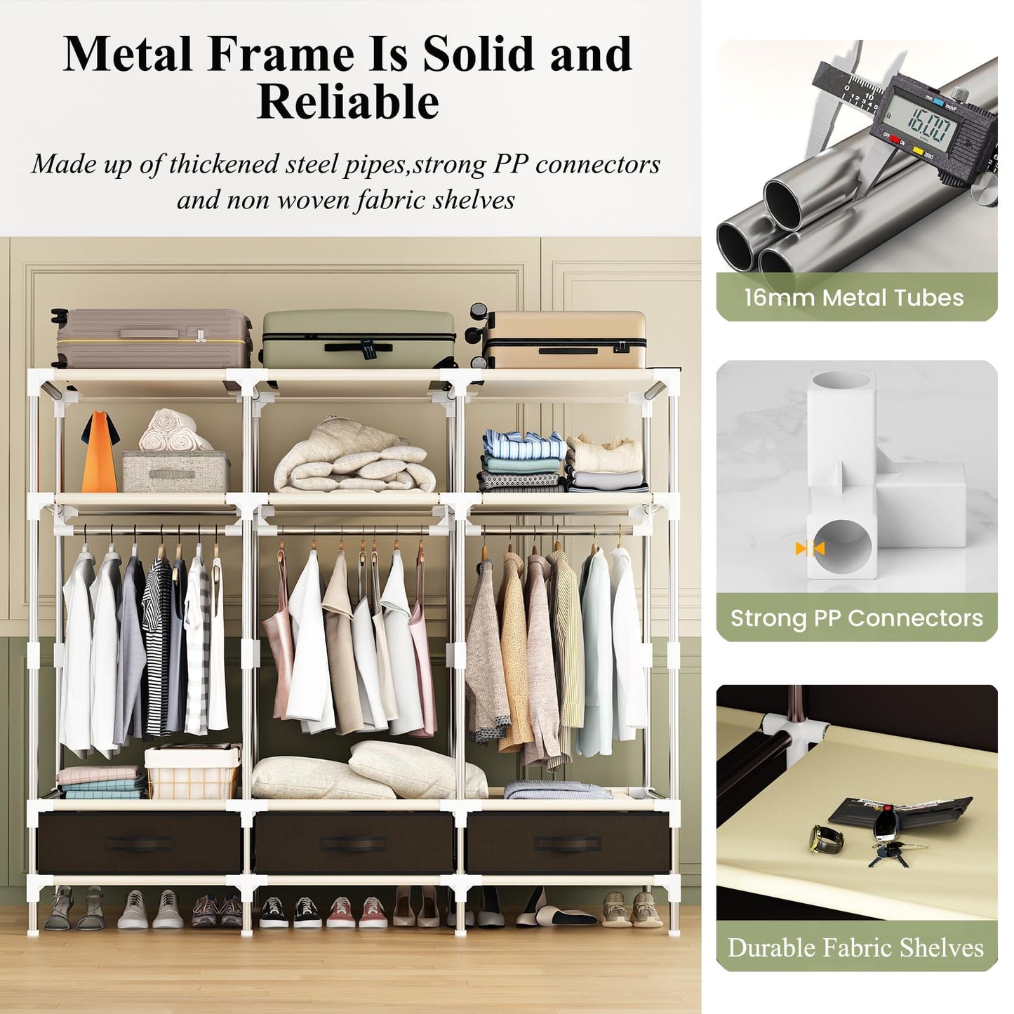 LEAIJIAFY Portable Amories Closet Wardrobe with Non Woven Fabric Cover,59 Inch Large Metal Clothes Rack Storage Closet with 3 Hanging Rods,3 Drawers and 3 Storage Shelves,Brown,for Small Room