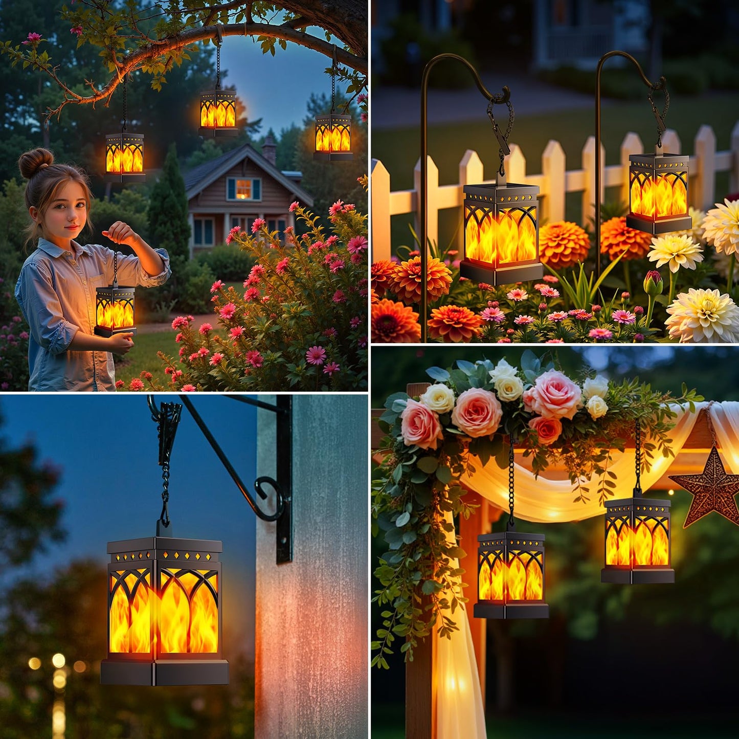 KOOPER 4 Pack Solar Lanterns Outdoor Waterproof, Upgraded Flickering Flame Modes + Constant Modes Hanging Solar Lantern Lights for Outside, Lanterns Decorative Outdoor for Garden Table Yard Tree Decor