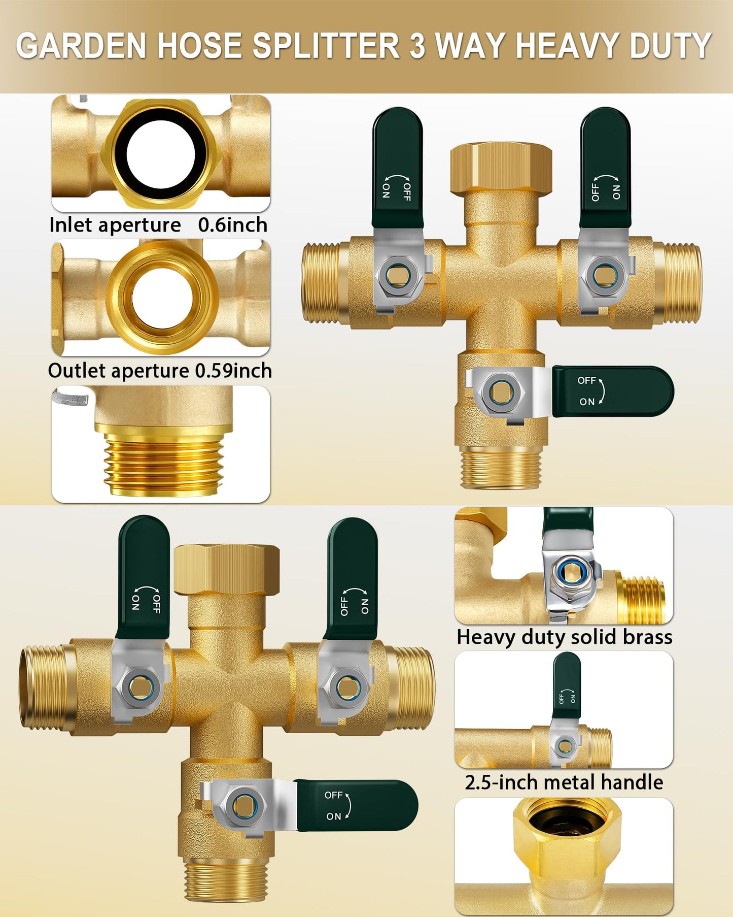 EBH Garden Hose Splitter 3 Way, Heavy Duty Solid Brass Hose Splitter with Shutoff Valves, Water Spigot Splitter With 304 Stainless Steel Handle, Full Flow Outdoor Faucet Splitter, 3/4" GHT Thread