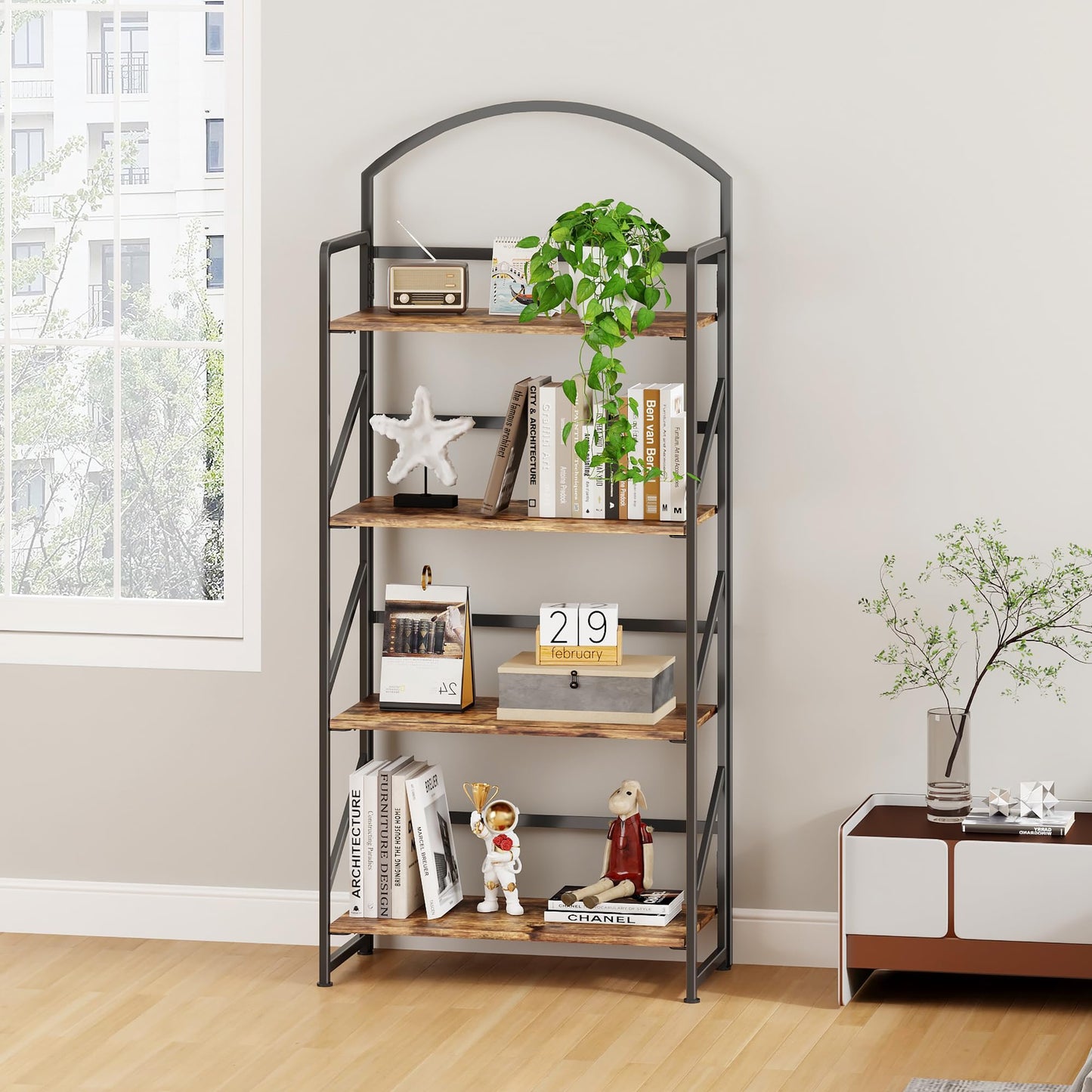 BHG Arched Bookshelf 4 Tier Shelf Storage Organizer Bookcase,No Assembly Folding Book Shelf for Living Room,Bedroom Home Office Rack Bookhelves
