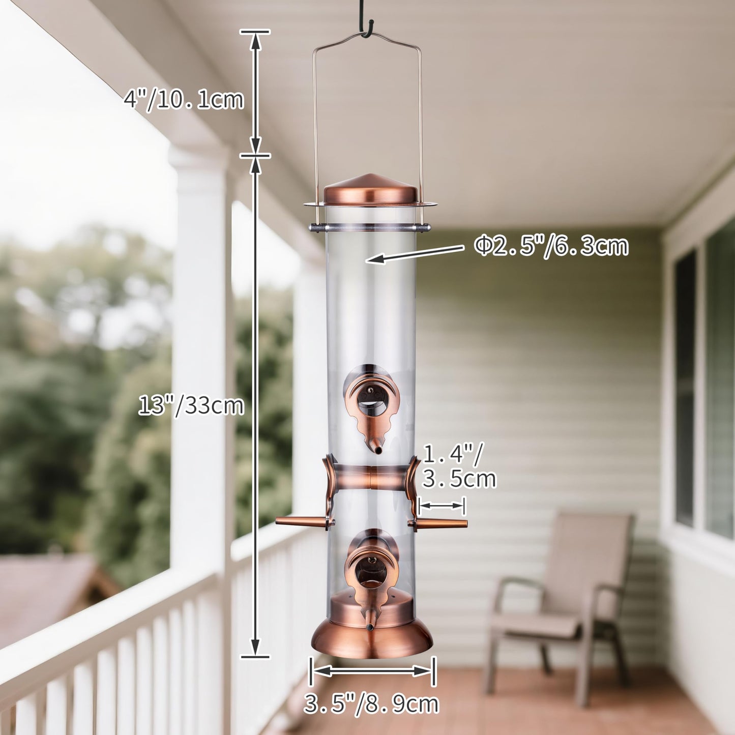 TrampgiK Bird Feeders for Outdoors,13 Inch 6 Ports Squirrel Proof Bird Feefers,Finch Feeder for Outside,Chew-Proof Metal Hanging Bird Feeder,Rust-Proof,Easy to Refill & Clean,Copper,Pack of 1