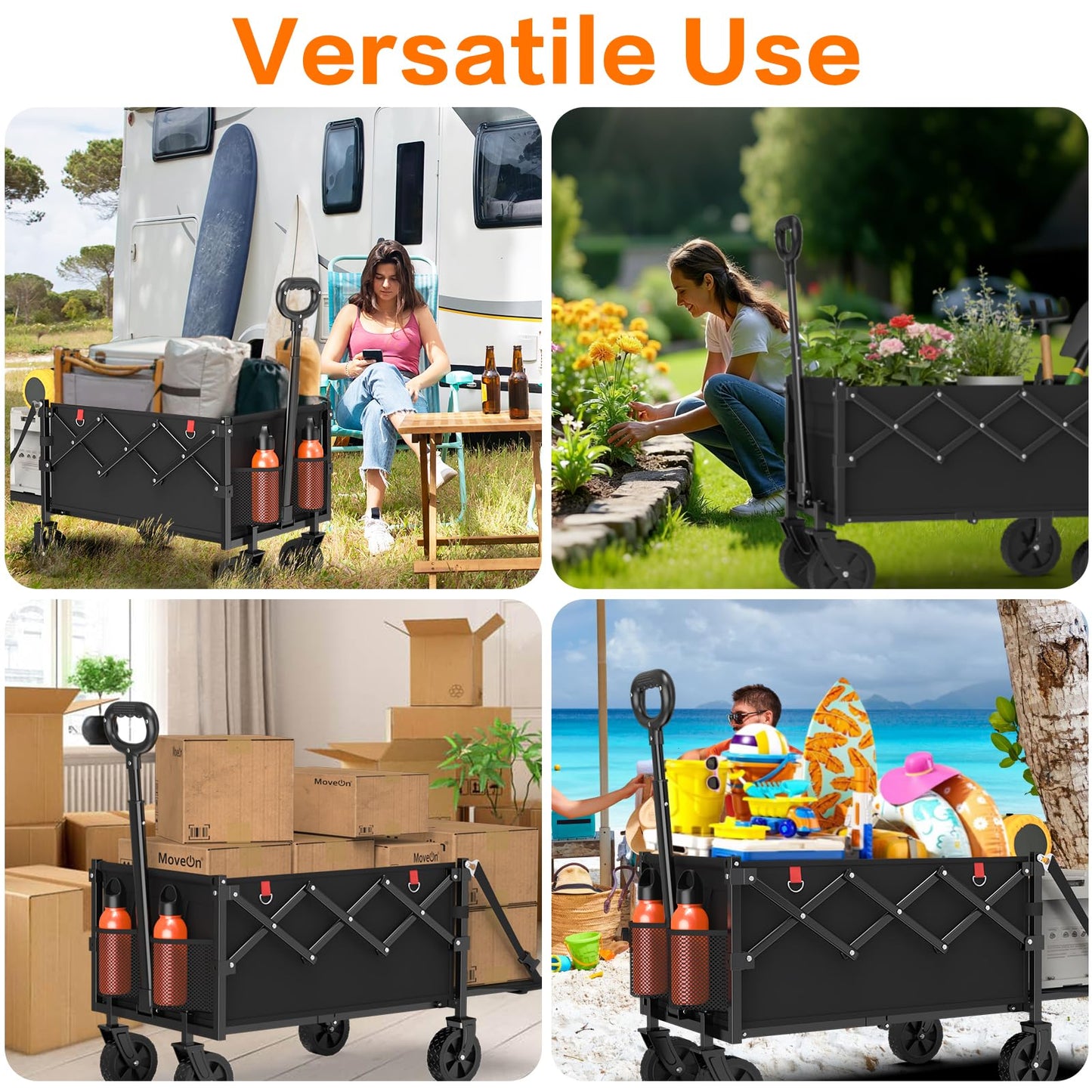 360LBS Collapsible Wagons Carts Foldable, 120L Heavy Duty Folding Beach Wagon Cart with Wheels and Tailgate, Portable Utility Outdoor Wagon for Grocery, Shopping, Garden, Sports, Camping