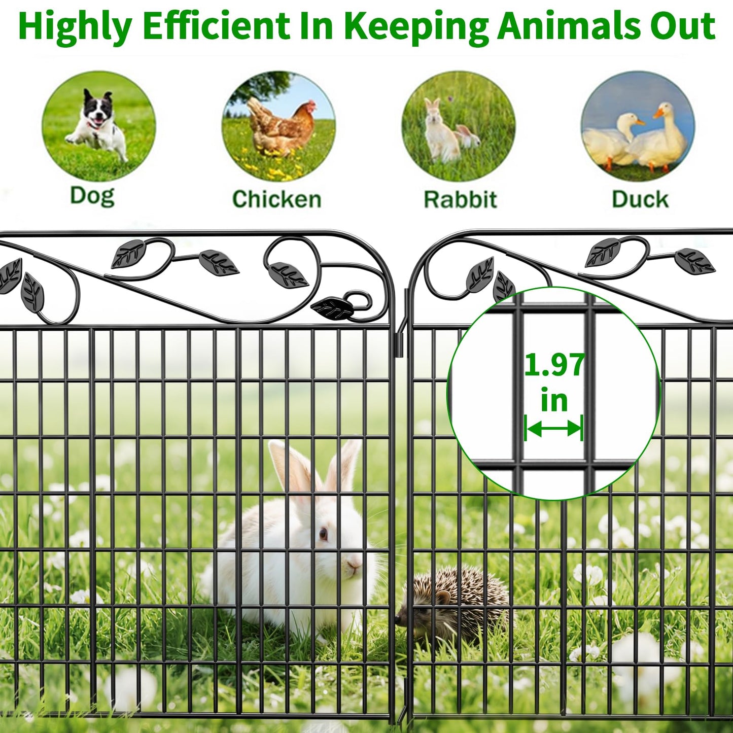 AMAGABELI 4 Panels 44 in(H )X 12 ft(L) Decorative Garden Fence Gate,Dog Fence Outdoor for Yard,Rustproof Tall Garden Fencing Animal Barrier Metal Wire Panel Border with Leaves for Flower Bed Black