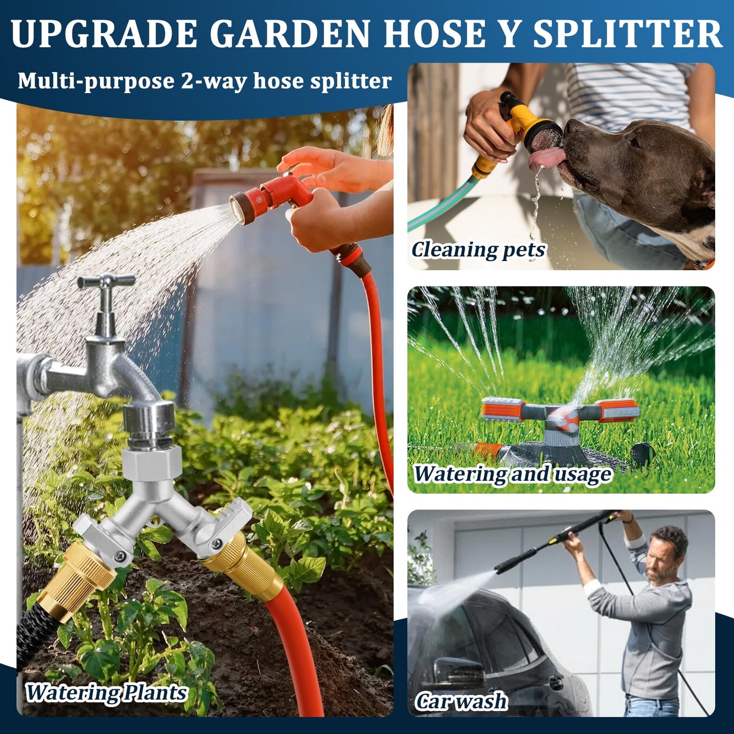 Garden Hose Splitter 2 Way Heavy Duty, 304 Stainless Steel 2Way Hose Splitter, 3/4 Inch Water Hose Splitter 2 Way, Full Flow Garden Hose Y Splitter(All Components are Stainless Steel)