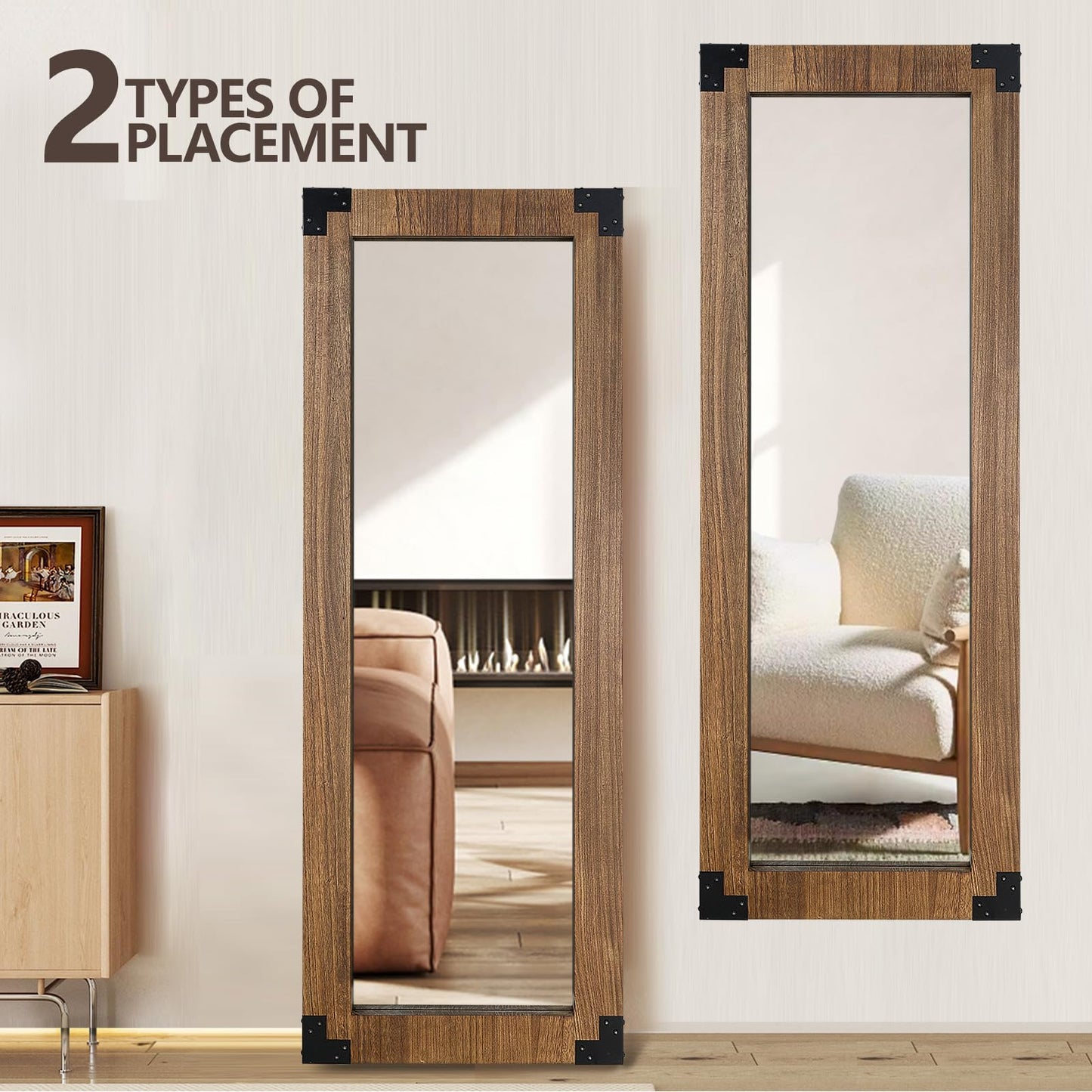 LXWZHK 65x24 Inch Full Length Mirror, Wooden Frame Full Body Standing Mirror with Metal Decorative, Light Walunt