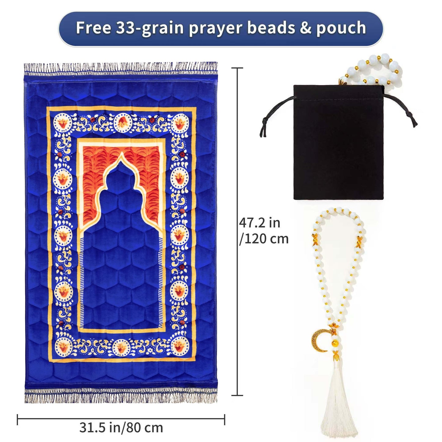 YAZEIN Prayer Rug Muslim Mat Islamic - Padded Very Thick Prayer Rug Sajadah for Men Women with Islam Prayer Beads, Soft and Luxury (31.5" x 47.2", Royal Blue)