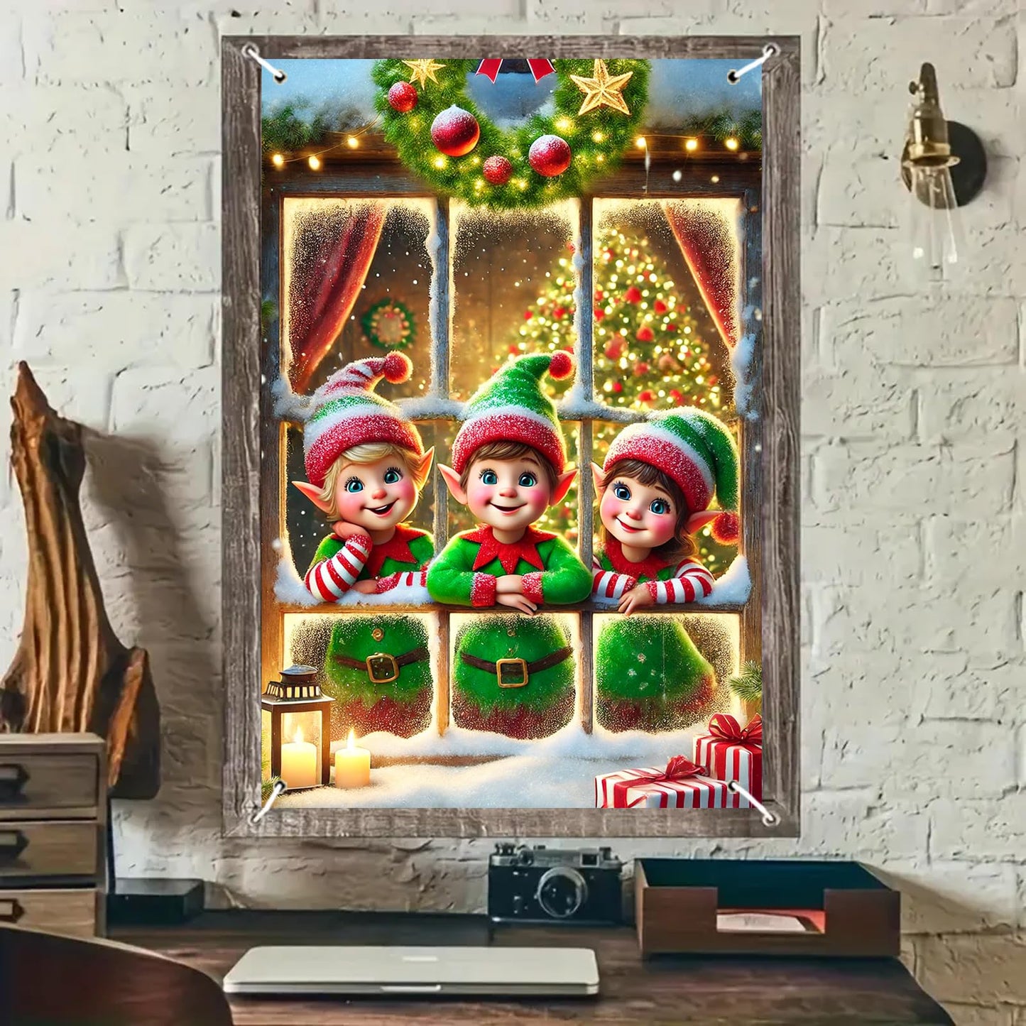BlissYard Christmas Window Cover 31x47 Inch Elf Window Poster Decoration for Holiday Kids Room Indoor Xmas Wall Scene Winter Window Backdrop Display