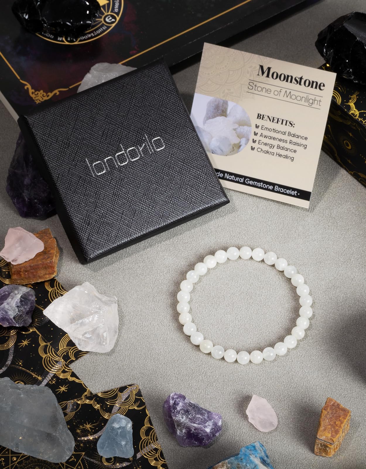 Landorilo Beaded Bracelet for Men Women, 6mm Natural Stone Moonstone Healing Crystal Stretch Bracelets, Ideal Christmas Birthday Jewelry Gifts with Energy Card，Replacement Beads Included