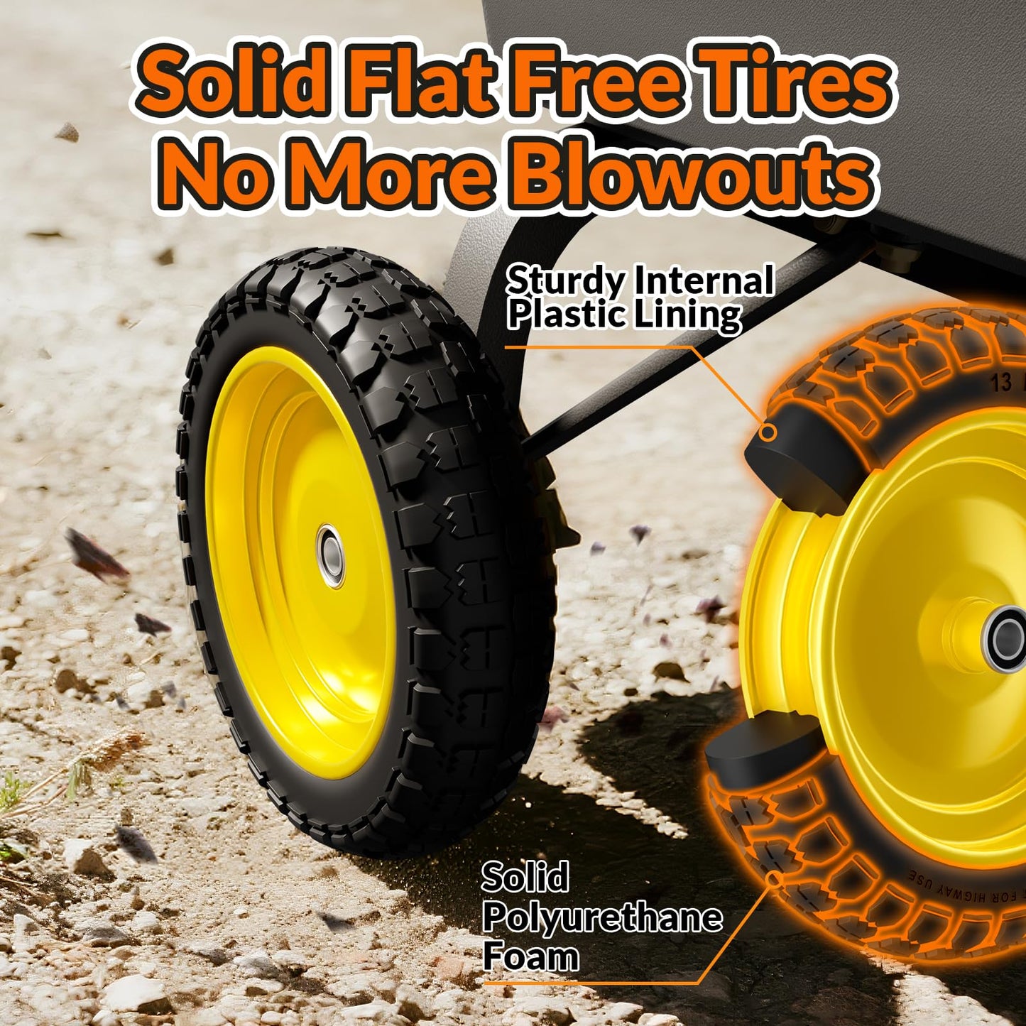 RONPOW 4.00-6 Flat Free Tire and Wheel, 13 Inch Solid Garden Wheelbarrow Tires, 300Lbs with 5/8" & 3/4" Axle Hole, 1"-3.5" Hub for Garden Cart, Wheelbarrow, Hand Truck, for Home Farm, 2Pcs Yellow