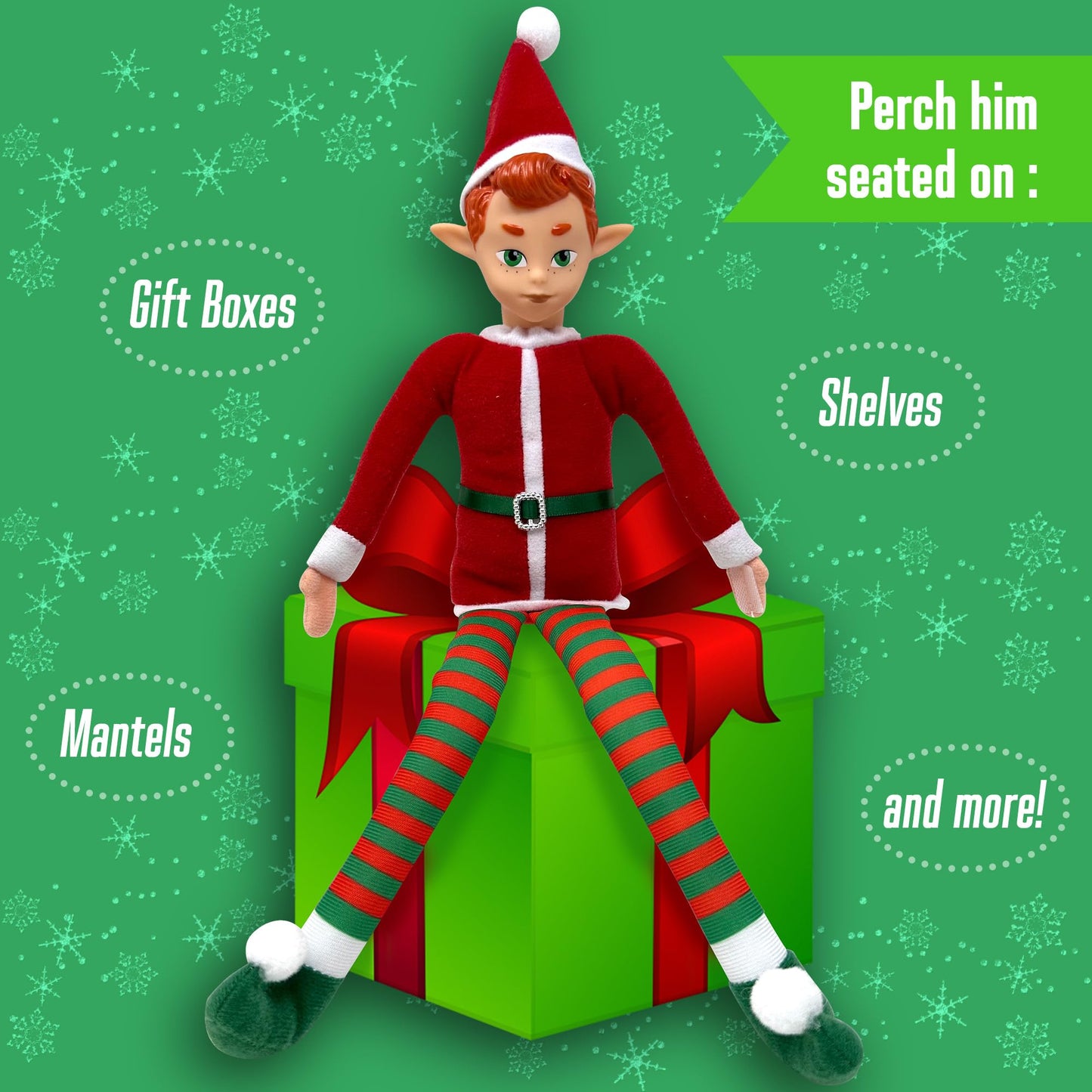 The Original Elf 12" Plush Christmas Elf Doll – Poseable Shelf Sitter with Flexible Dangling Legs – Perfect for Christmas Decorations, Toy Elf for Kids, Mini Elves, and Tree Topper (Boy)