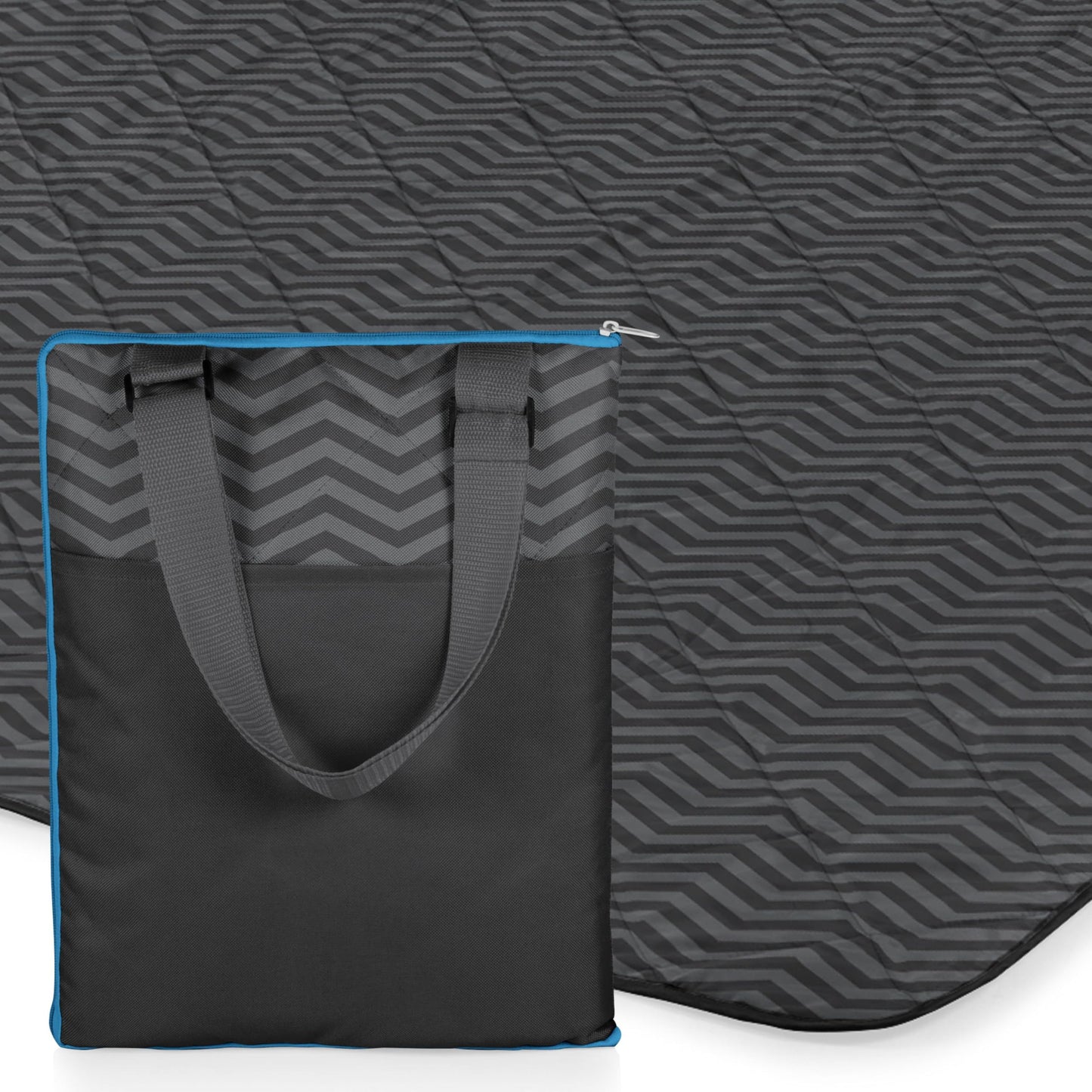Vista Outdoor Picnic Blanket & Tote, (Waves Collection - Gray with Vista Blue Accents)