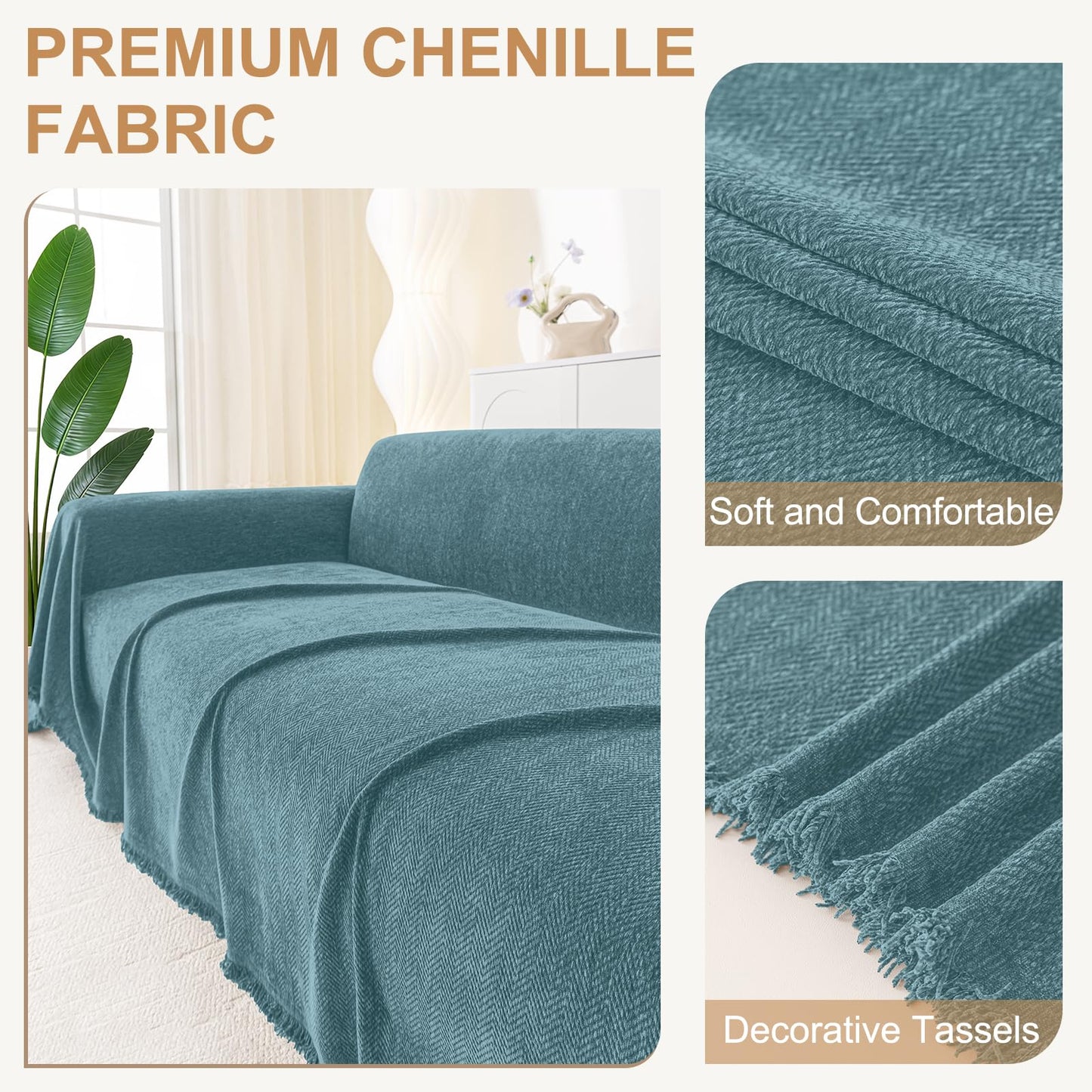 Smiry Couch Cover for Dogs, Washable Chenille Sofa Covers for 3 Cushion Couch, Soft Sofa Slipcover for Pets, Thick Sectional Furniture Protector with Tassels (Blue, 88.5x134 Inch)