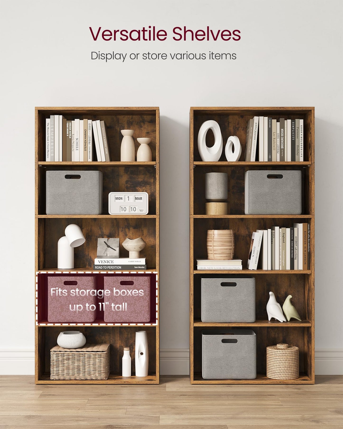 VASAGLE CUSTOS Collection - Bookshelf, 5-Tier Bookcase, Book Shelf, Open Storage Shelf, 9.4 x 23.6 x 52.5 Inches, for Living Room, Home Office, Dining Room, Rustic Brown ULBC165X01