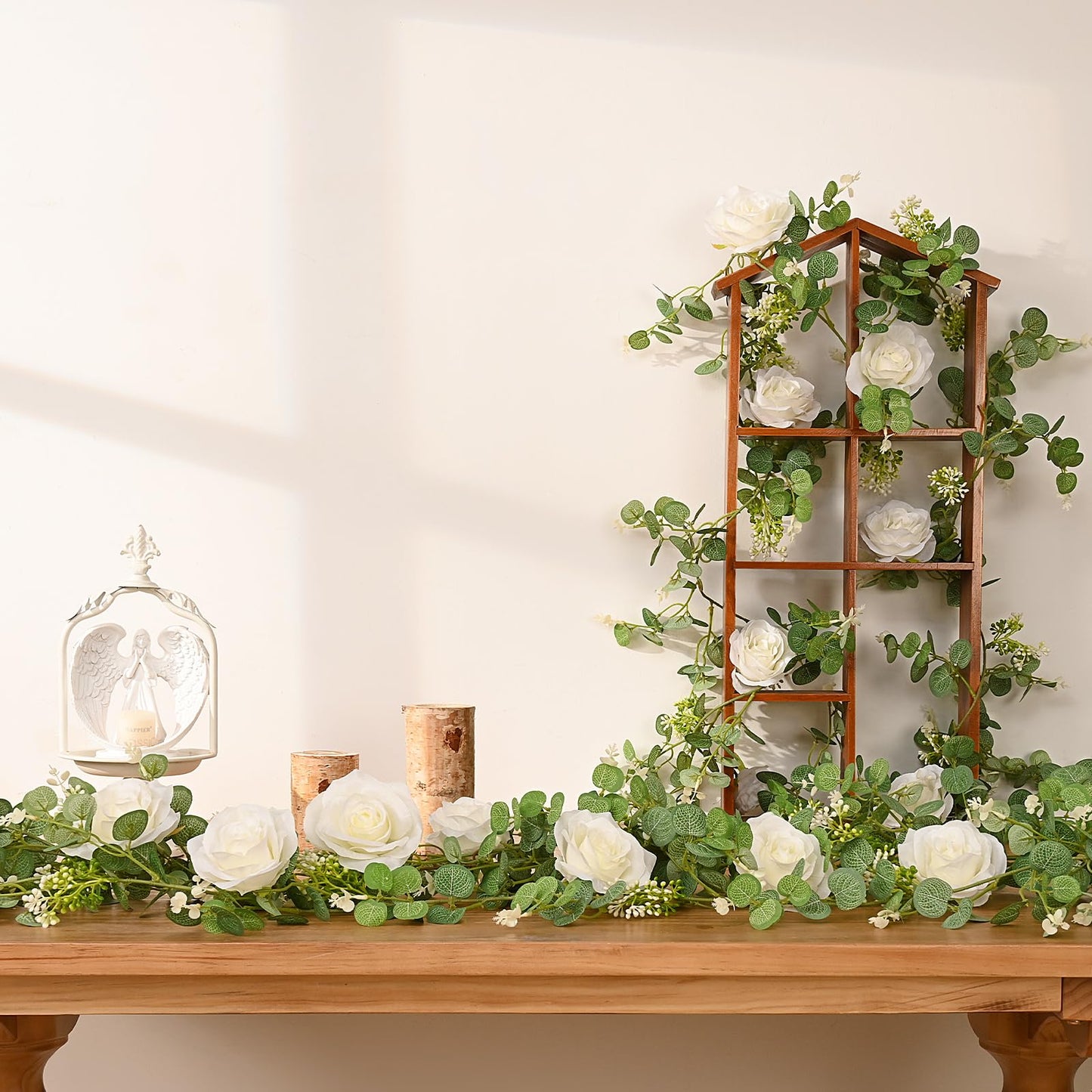 Dolicer 4Pcs 26Ft Artificial Eucalyptus Garlands with Flowers - 8 Roses, Faux Floral Greenery Garlands Fake Flowers Vines for Wedding Table Centerpieces Arch Party Ceremony Backdrop Decor (White)