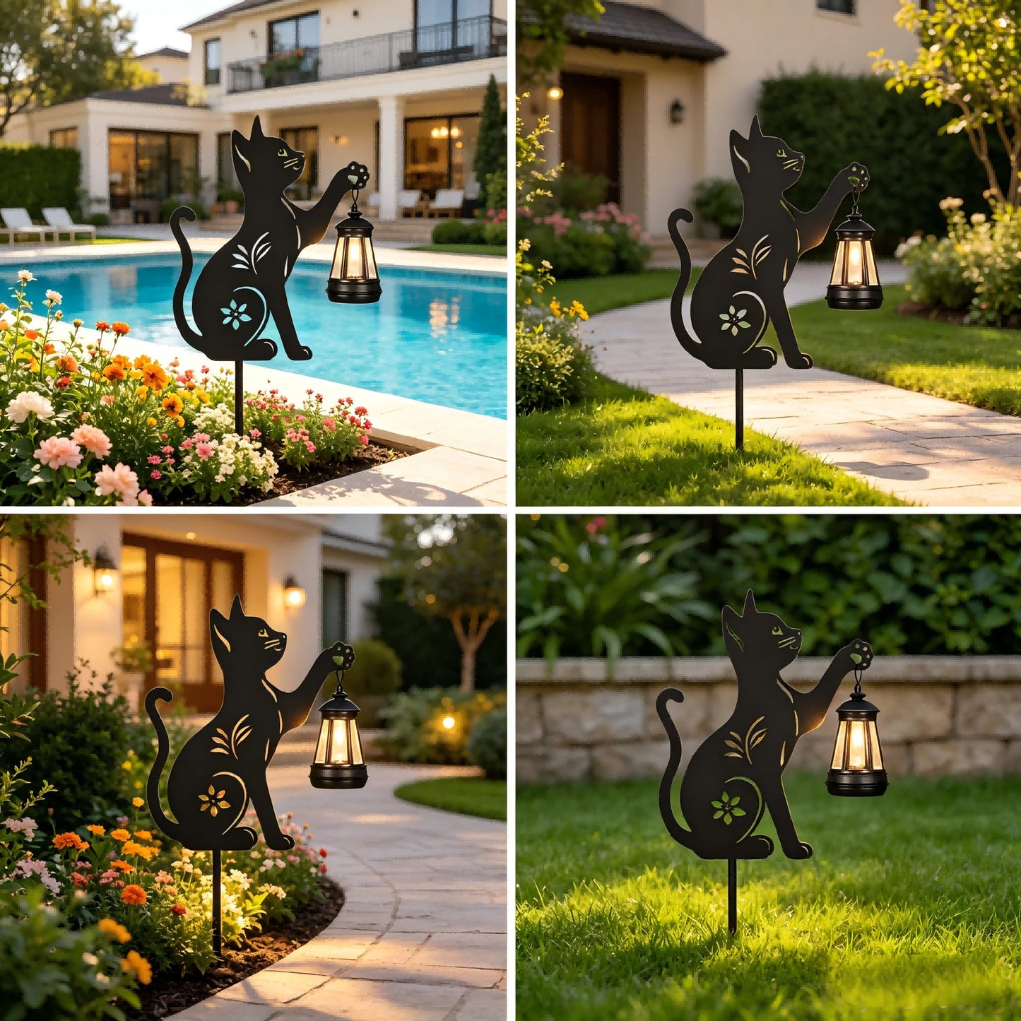 Doorkeer Solar Cat Lantern Outdoor 2Pack Hanging Black Cat Decor Solar Lights Birthday Gifts for Women Mom and Grandma Mother's Day Garden Stakes Metal Lawn Statue Patio Decorations Stakes