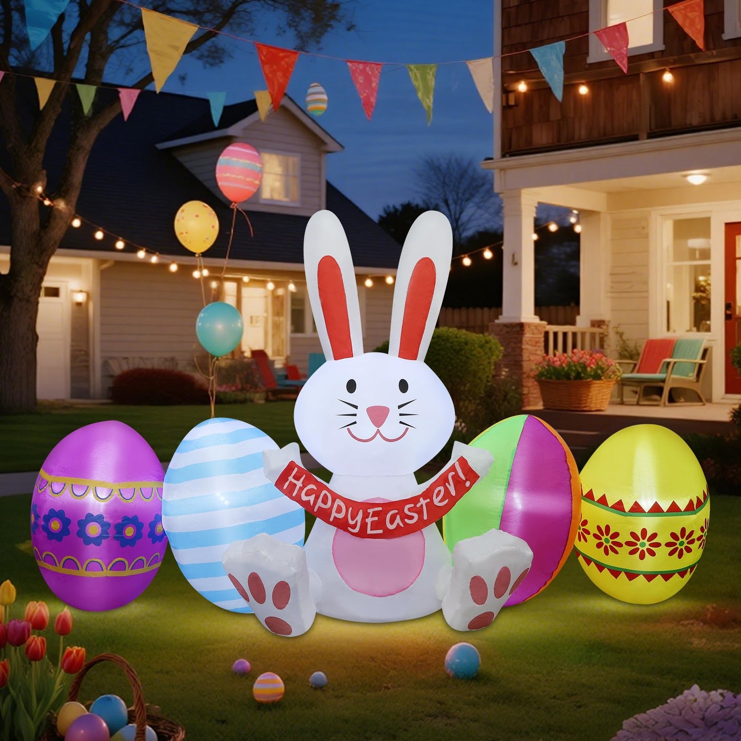 DR.DUDU Easter Inflatables Outdoor Decorations, 7 FT Long Easter Bunny with Eggs, Happy Easter Decorations, Easter Blow up Yard Decorations for Garden Lawn Holiday Party