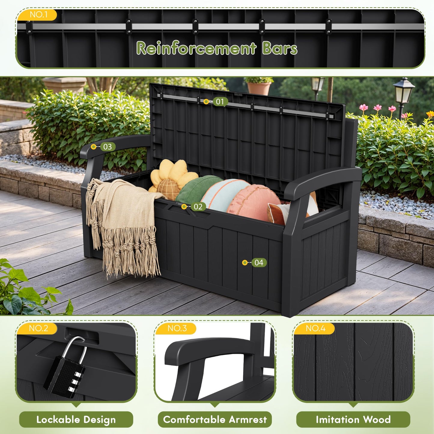 Greesum 80 Gallon Storage Bench Outdoor Deck Box with Armrest, Patio Furniture,Lockable, Waterproof and UV Resistant, Suitable for Garden, Pool, Black