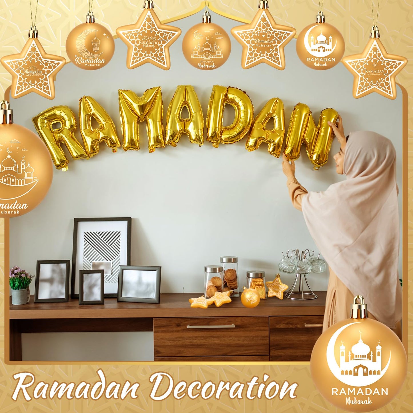 PullCrease 36 Pcs Eid Mubarak Decorations Ramadan Hanging Decorations Gold Moon Ornaments Plastic Eid Mubarak Hanging Balls Star Ramadan Islamic Decor for Home Window Islamic Muslim Tree Party Decor