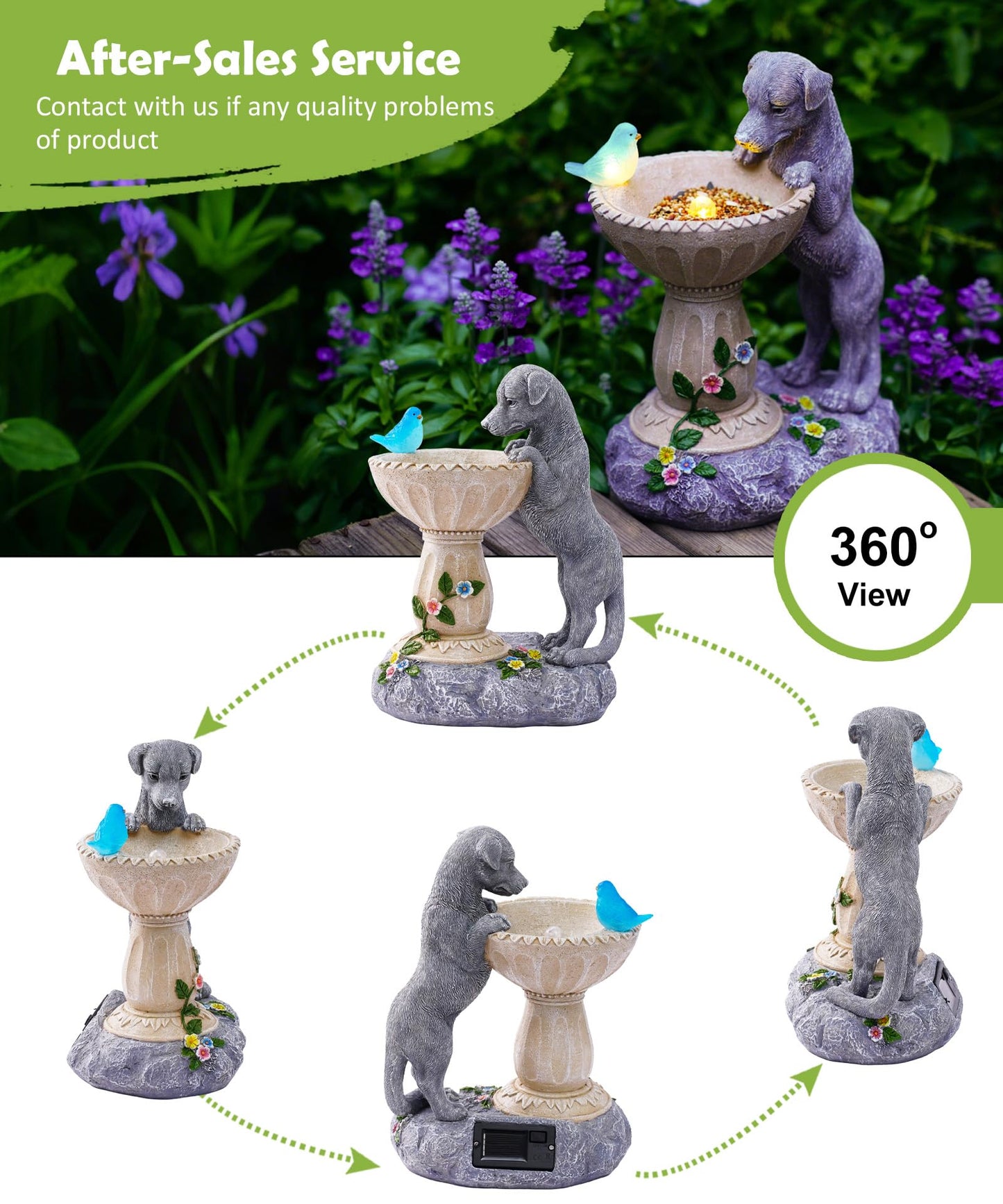 Nacome Solar Dog Garden Statues: Weatherproof Resin Decor with Automatic Lighting - Outdoor Yard Lawn Patio Balcony Art - Gifts for Mom Grandma Women Bird Lovers