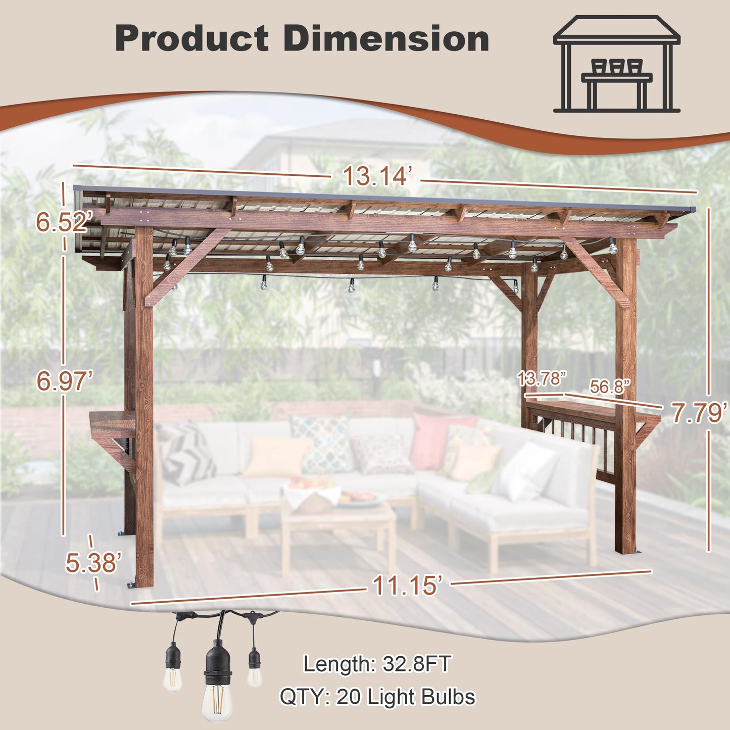 KEIKI 13' x 6.5' Wooden Grill Gazebo Metal Roof, Bulbs, Bar Counters, Patio Hardtop Grill Pergola, BBQ Canopy for Lawn, Garden, Outdoor Patio, Backyard