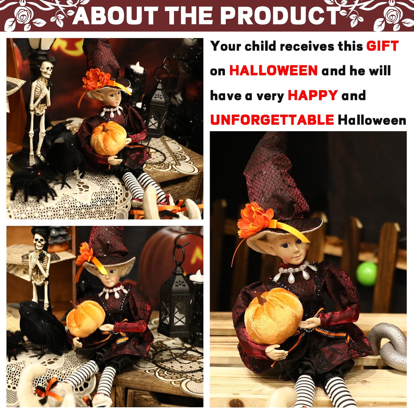brableewear Halloween Fairy Elf Doll Posable Witch Sitting Doll Cute Elf Girl Holding Pumpkin Figurines Mantel Ornaments Home Decor