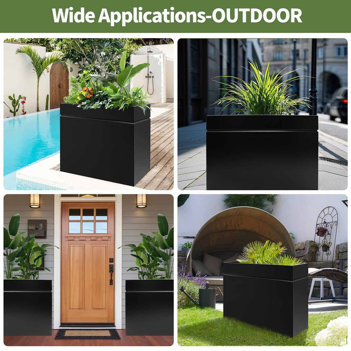 HONYTA Metal Rectangular Planter Box, Powder Coating Steel Large Planters 35" L x 9" W x 26" H with Drainage Hole, Indoor Outdoor All-Weather Use for Home, Porch, Patio, Garden(Black)