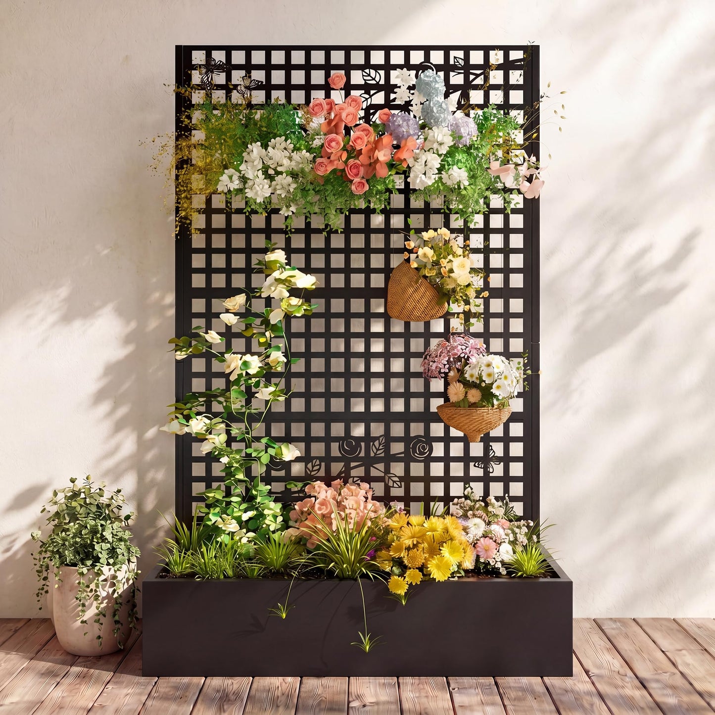 Coumy Metal Raised Planter Box with Trellis & Privacy Screen, 70.9"x 43.3"x 15.8"Free-Standing Garden Bed with Drainage Holes for Climbing Plants, Vegetables and Vines