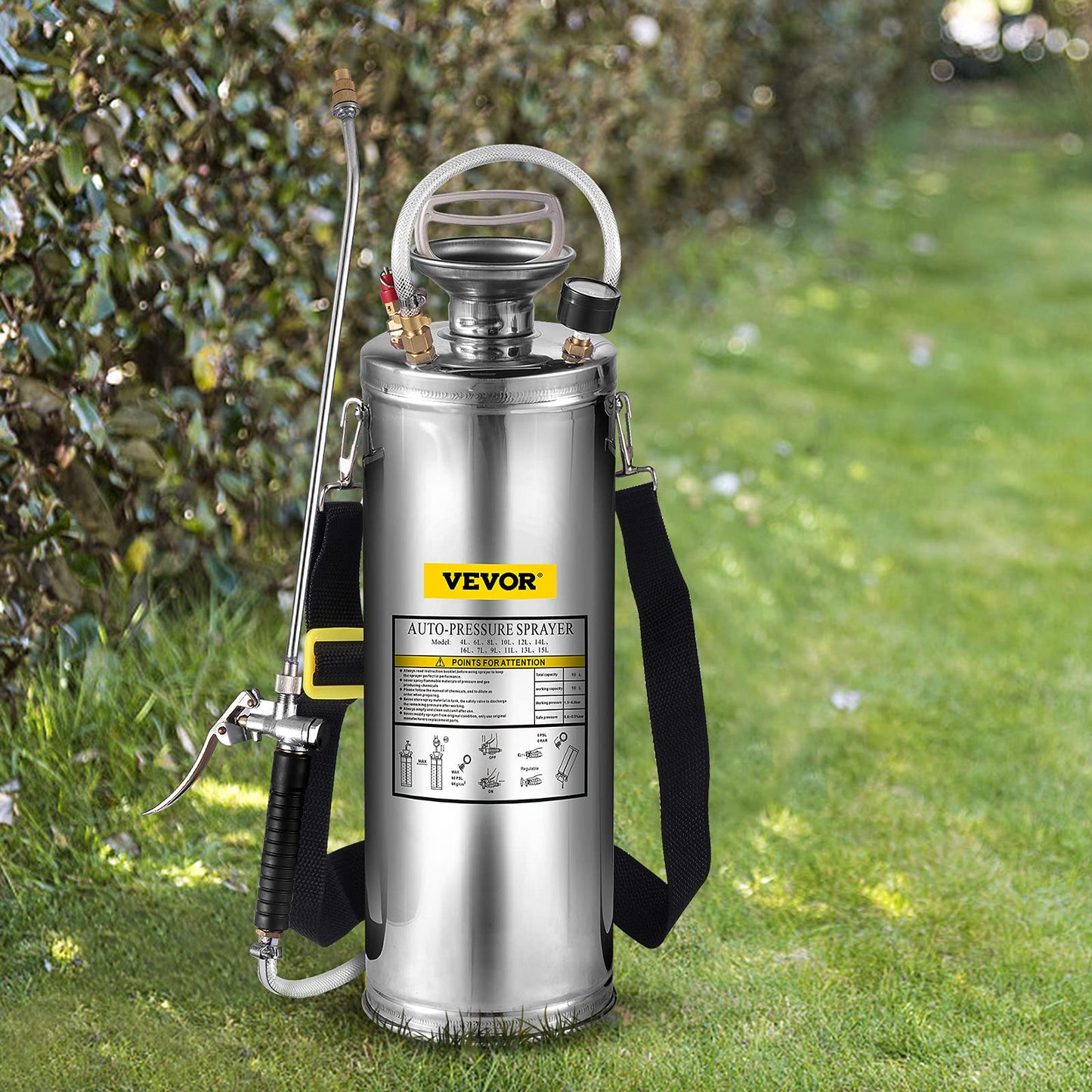 Happybuy 3 Gallon Stainless Steel Sprayer, 20" Wand & 3FT Reinforced Hose, Hand Pump Sprayer with Pressure Gauge, Safety Valve & Adjustable Nozzle, Weed Sprayers for Lawn, Gardening & Sanitizing
