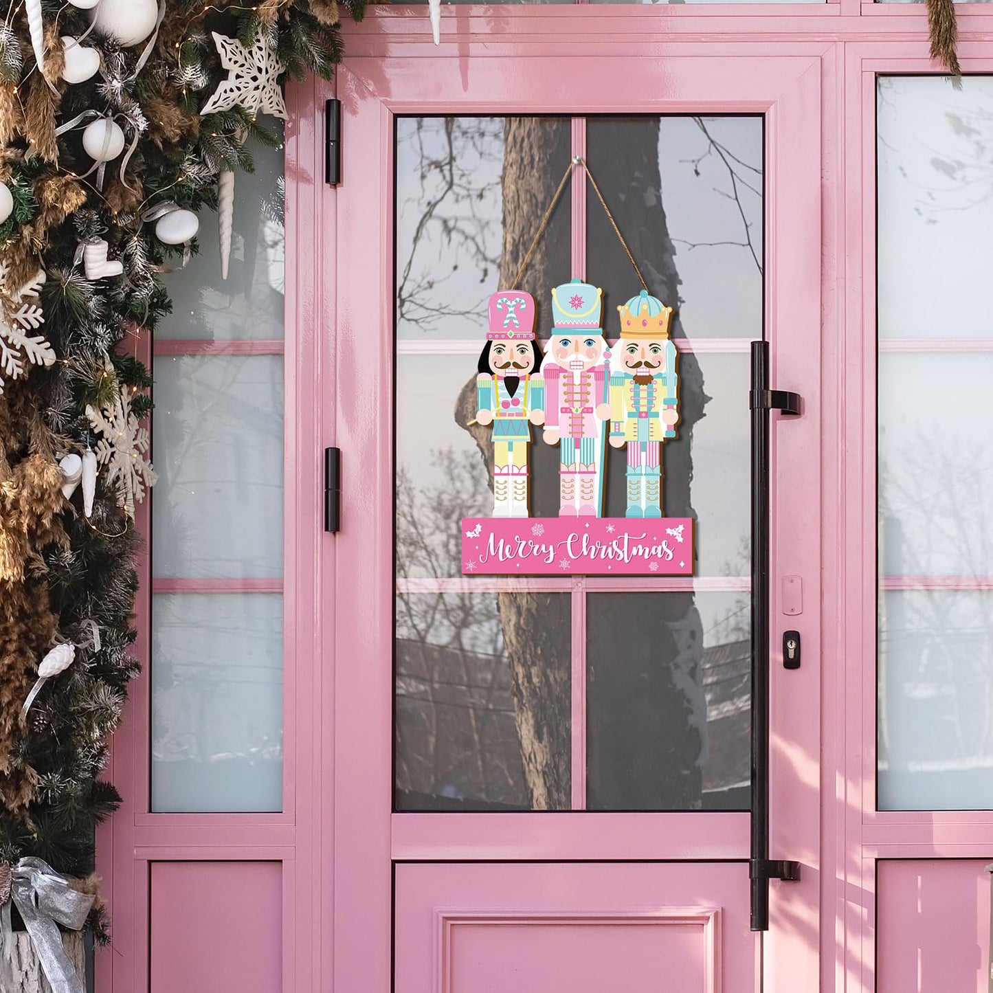 Whaline Christmas Wooden Hanging Sign Xmas Pink Blue Nutcracker Welcome Wood Sign Holiday Door Decor Signs for Indoor Outdoor Porch Wall