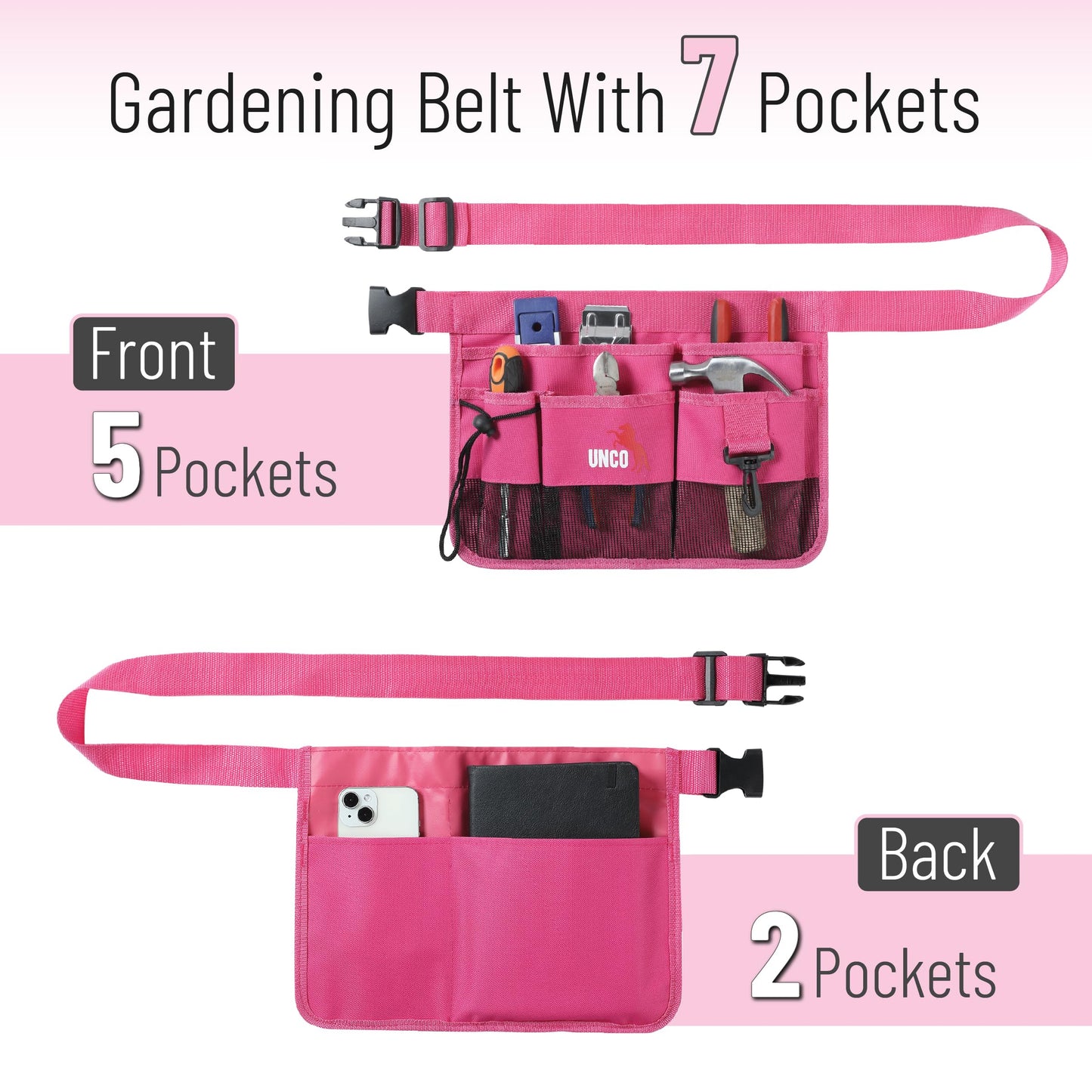 UNCO- Adjustable Gardening Belt, Pink, 7 Pockets, Wear, Cut and Water Resistant, Garden Tool Belt Pouch, Waist Apron with Pockets