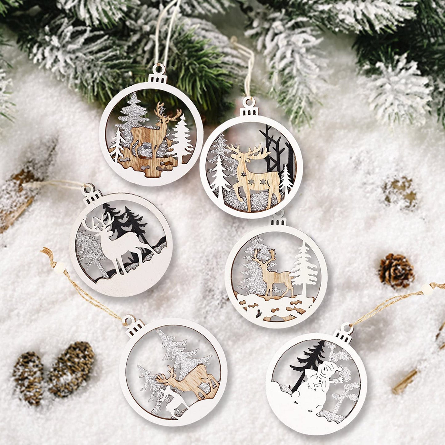 Winter Wonderland Ornaments for Christmas Tree - 6 Pack Christmas Wooden Ornaments for Winter Xmas Holiday Tree Decorations
