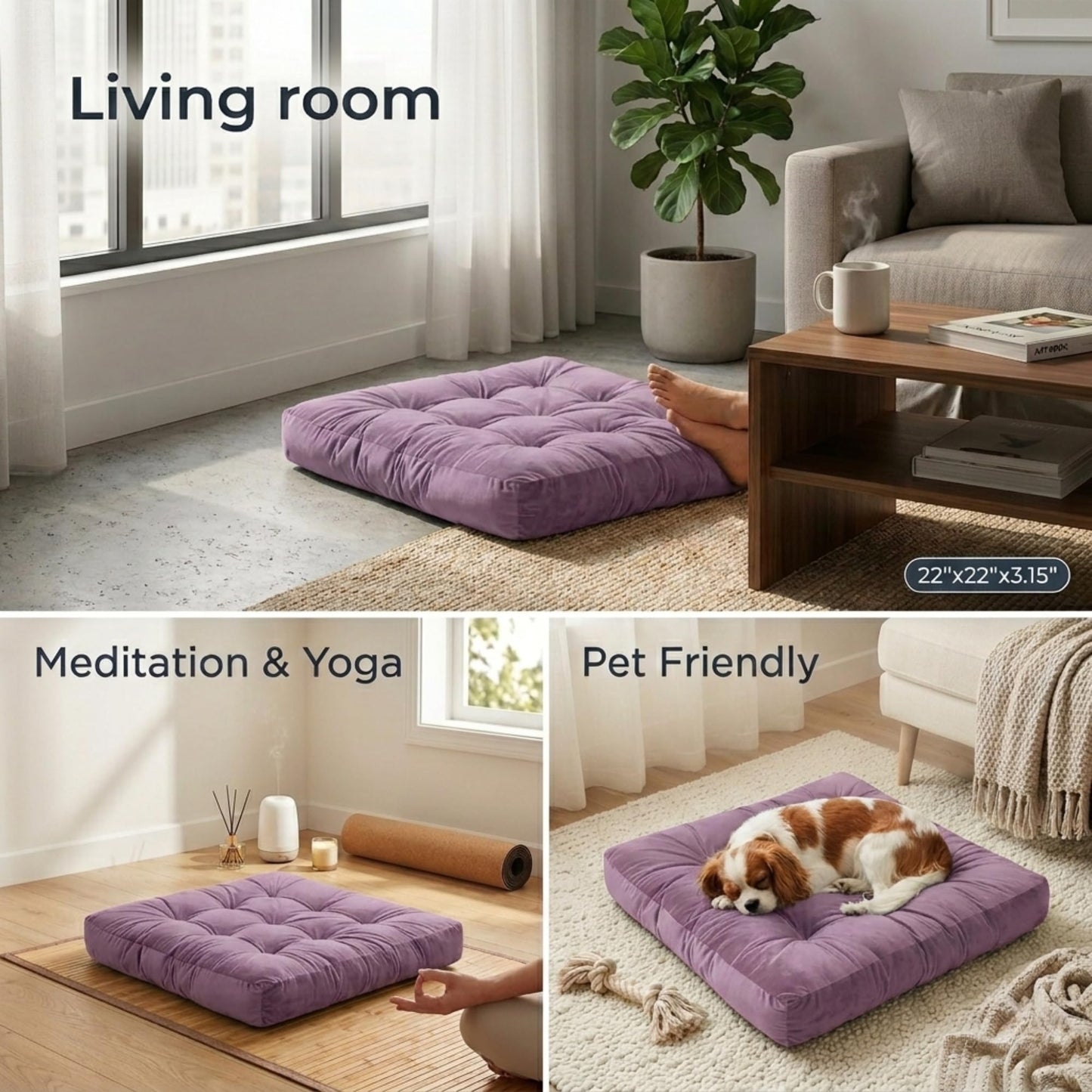 Meditation Cushion Set of 2, Floor Cushions for Adults, Velvet Floor Pillows for Sitting, Tufted Seat Cushions for Yoga, Living Room, Bedroom & Reading Nook, Machine Washable, 22 x 22 Inch, Lavender