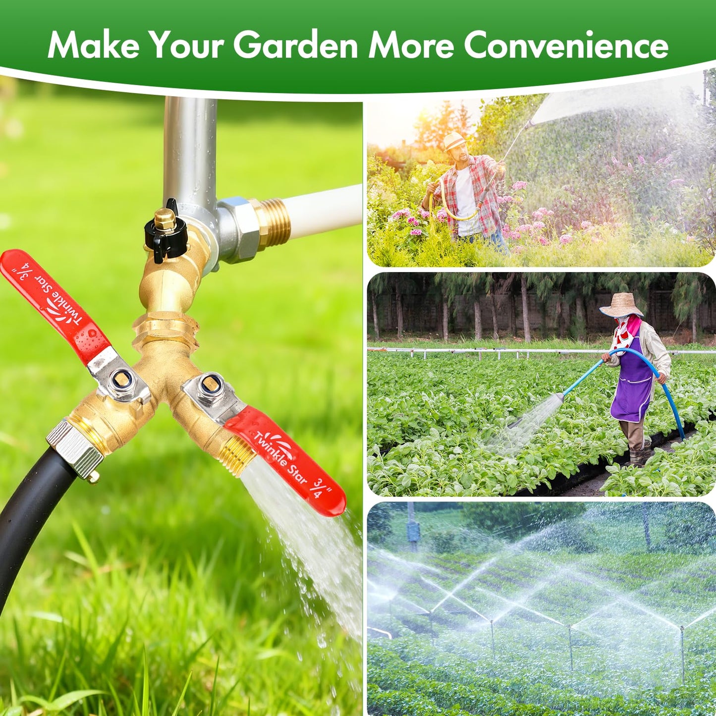 Hose Splitter 2 Way, Twinke Star Upgraded Heavy Duty Brass Garden Hose Splitter with Long Handle,3/4 Inch GHT Thread Y Connector Brass Garden Hose Adapter