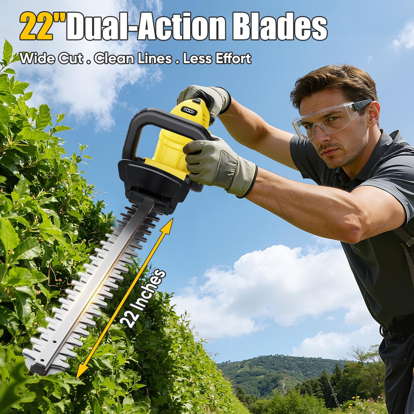 22'' Cordless Hedge Trimmer - 2x4.0AH Batteries & Charger, SK5 Dual-Action Blade Hedge Clippers Handheld, 180° Rotating Handle, 4.1Lbs Electric Hedge Trimmer for Yard/Garden