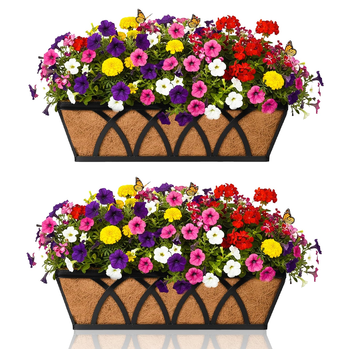 Flat Railing Planter Window Box Wall Hanging Planters (2 Pack, 24 Inch) Balcony Fence Planter with Coco Liner, Horse Trough Planter Metal Window Planter Box for Outdoor Plant Holder Rail Deck