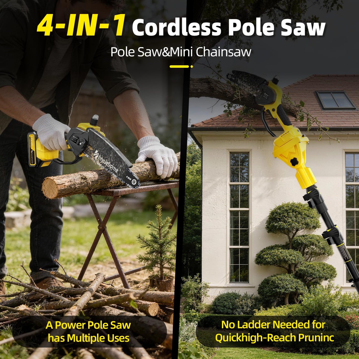 21V Cordless Pole Saw, 4-in-1 180° Rotatable Electric Tree Trimmer with 6/8 Inch Guide Bars,4000mAh Battery & Fast Charger, Telescopic Pole, Brushless Motor for Garden/Farm/Camping