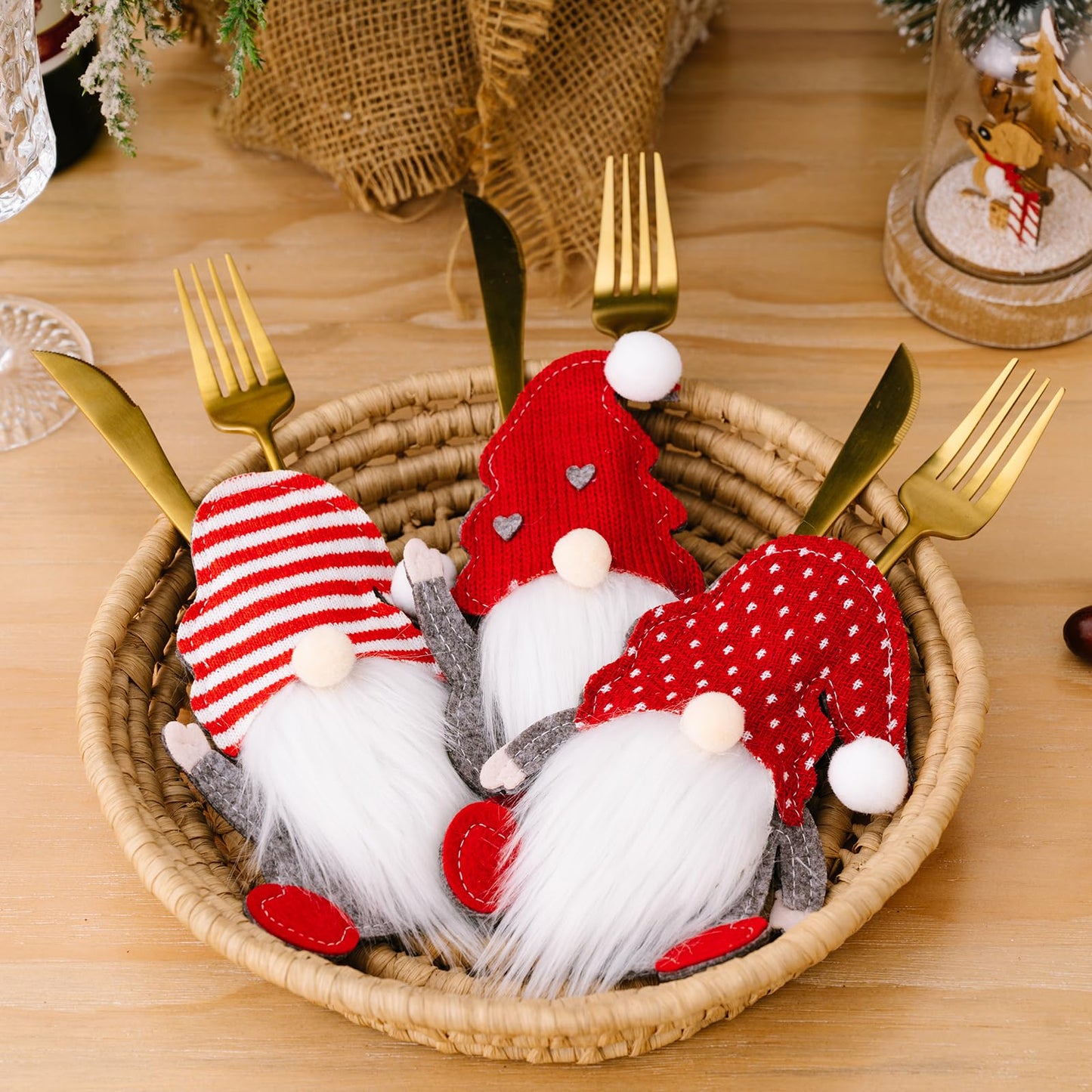 Vomika 3PCS Christmas Silverware Utensil Holders, Cutlery Fork Spoon Knife Storage Bags, Premium Tableware Holder for Xmas Party Dinner Table Decoration