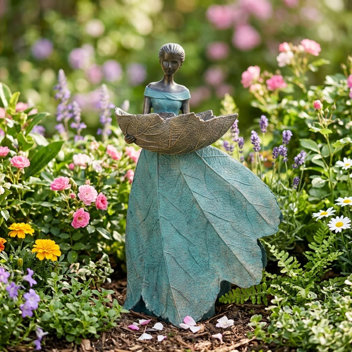 DiliComing Fairy Garden Statues Bird Feeder - 12 Inch Resin Fairy Statue for Outdoor Garden Decor, Outdoor Statues for Patio Yard Flower Beds, Gifts for Women (Green)