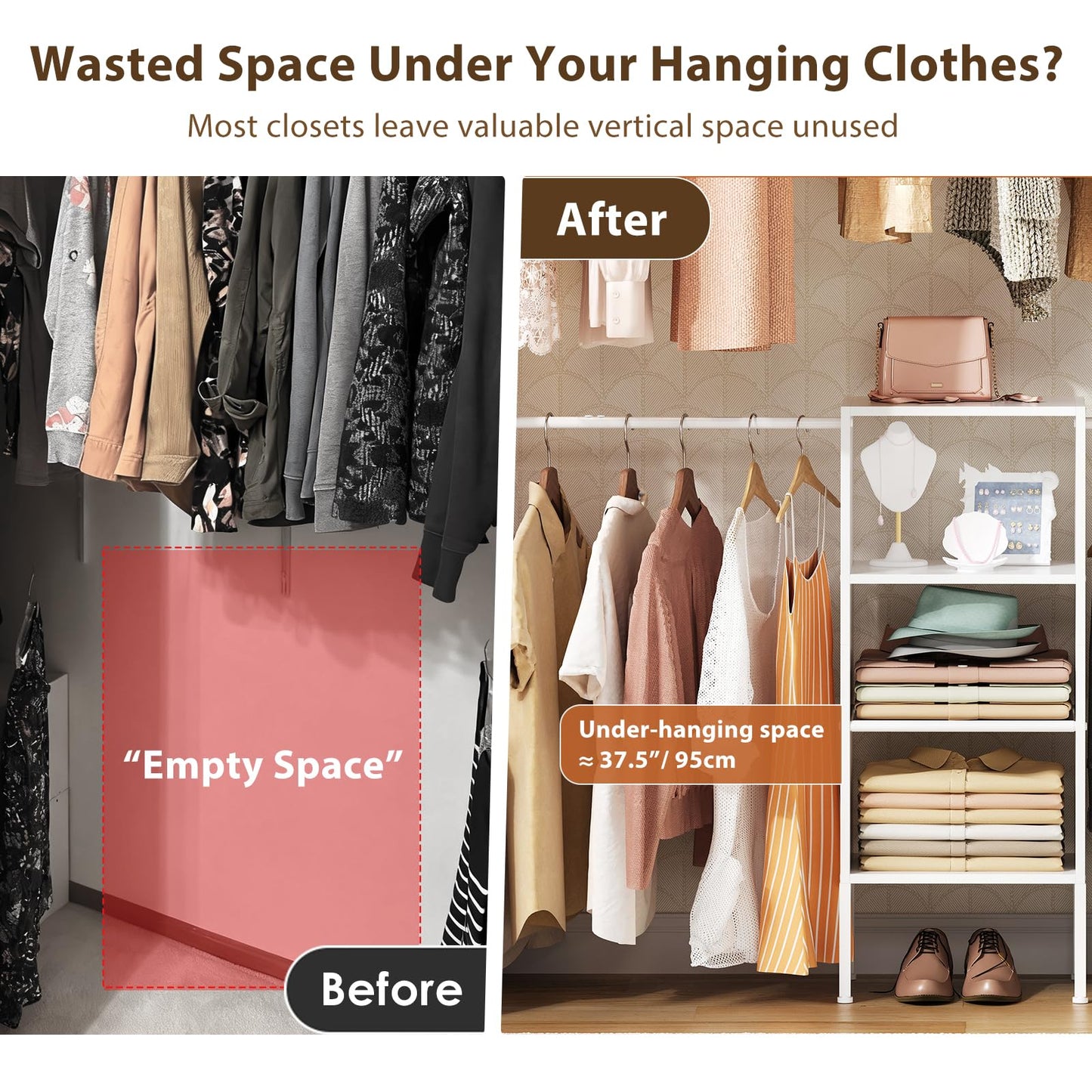 Small Closet System with Shelves, 5FT-8FT Closet Organizer System, Wooden Shelves for Closet with 2 Hanging Rods, Walk-in Closet Organizer, Adjustable Wardrobe Clothes Rack, Garment Rack, Pure White