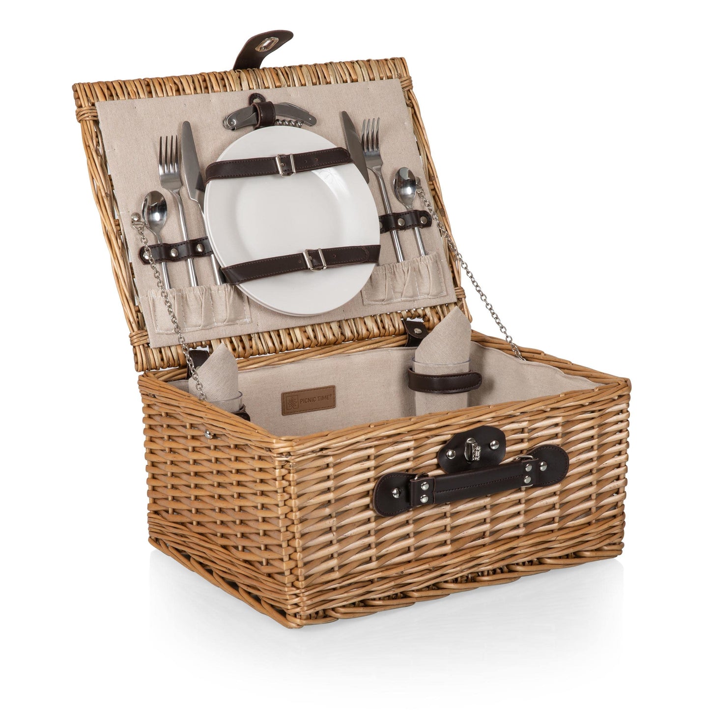 PICNIC TIME Classic Picnic Basket for 2, Romantic English-Style Wooden Wicker Basket with Deluxe Service for 2, Fully-Lined Interior, Leatherette Lid-Locking Buckle, and Carry Handle, (Beige Canvas)